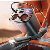 Car Cigarette Lighter Splitter, Metal 90W Dual Cigarette Lighter Adapter Metal With Pd30W Retractable Car Charger, Led Voltage12V/24V Car Charger Splitter For Iphone 16, Gps, Dashcam