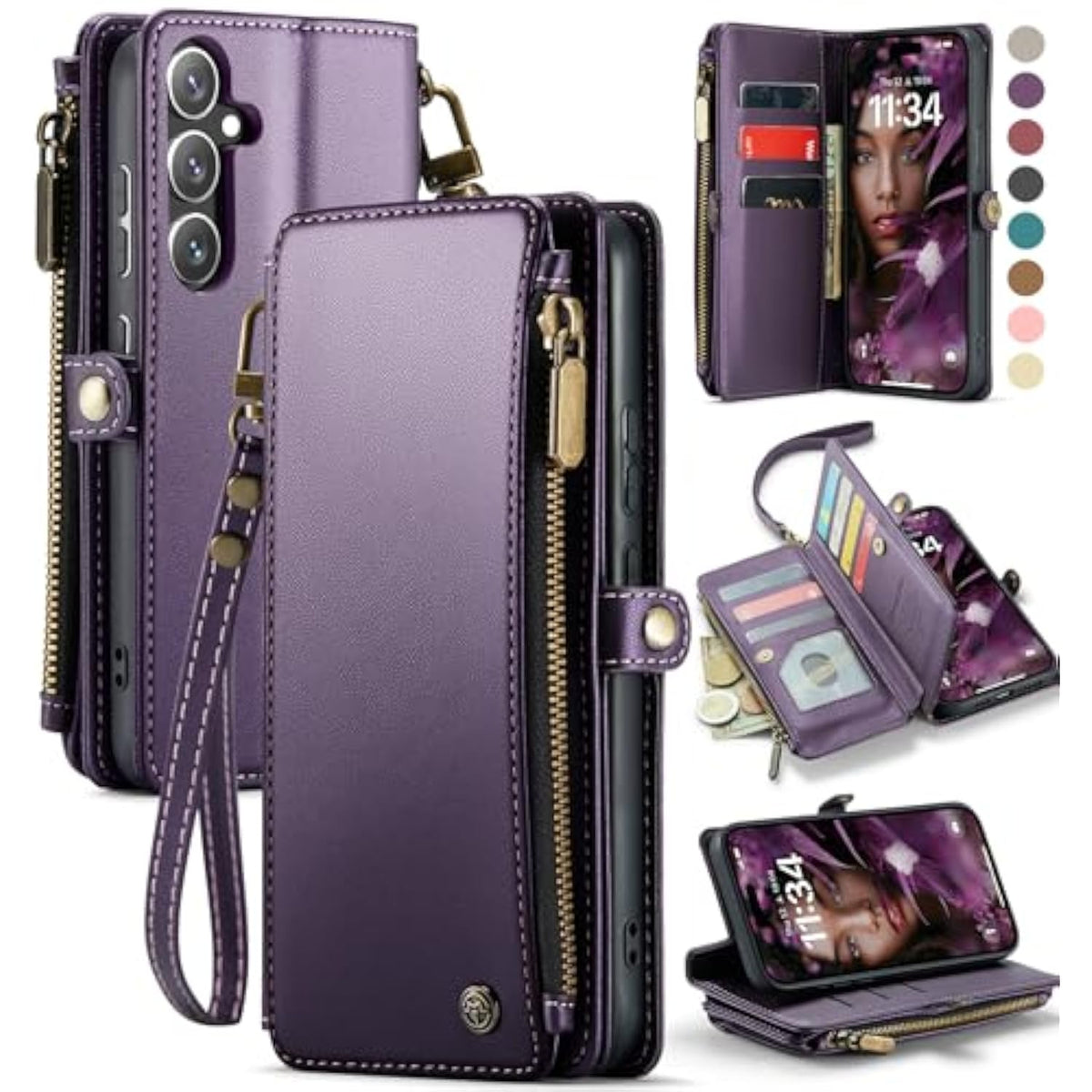 Compatible With Samsung Galaxy S24 Plus Case Wallet With Rfid Blocking Card Holder For Women, Pu Leather Magnetic Snap Flip Zipper Strap Phone Case Fit For Galaxy S24 Plus 5G 6.7", Purple