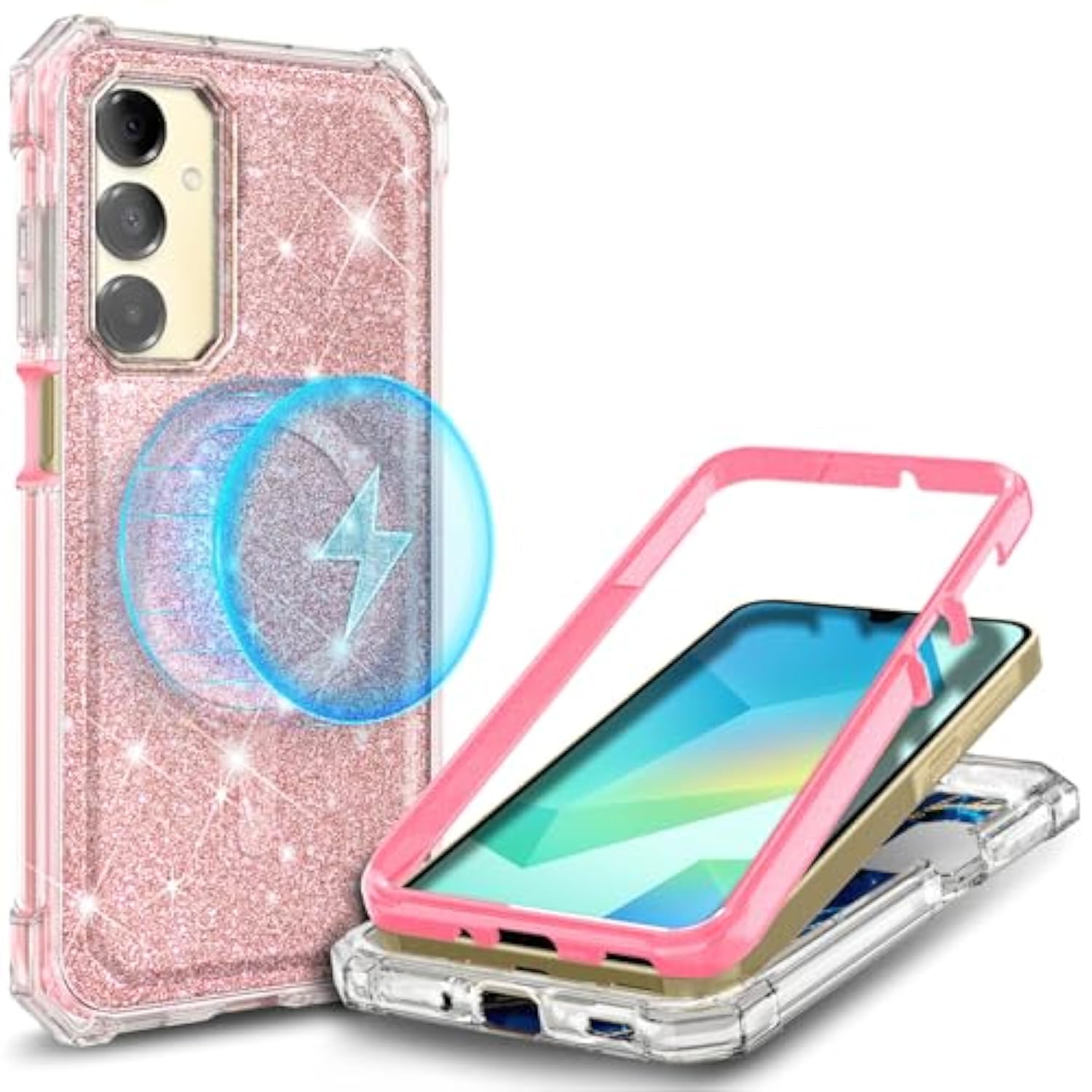 Designed For Samsung Galaxy A16 5G/4G Phone Case, Magnetic Compatible With Magsafe, [Raised Corners Drop Protection] Shockproof Protective Bumper Cover (Glitter Rose Gold)