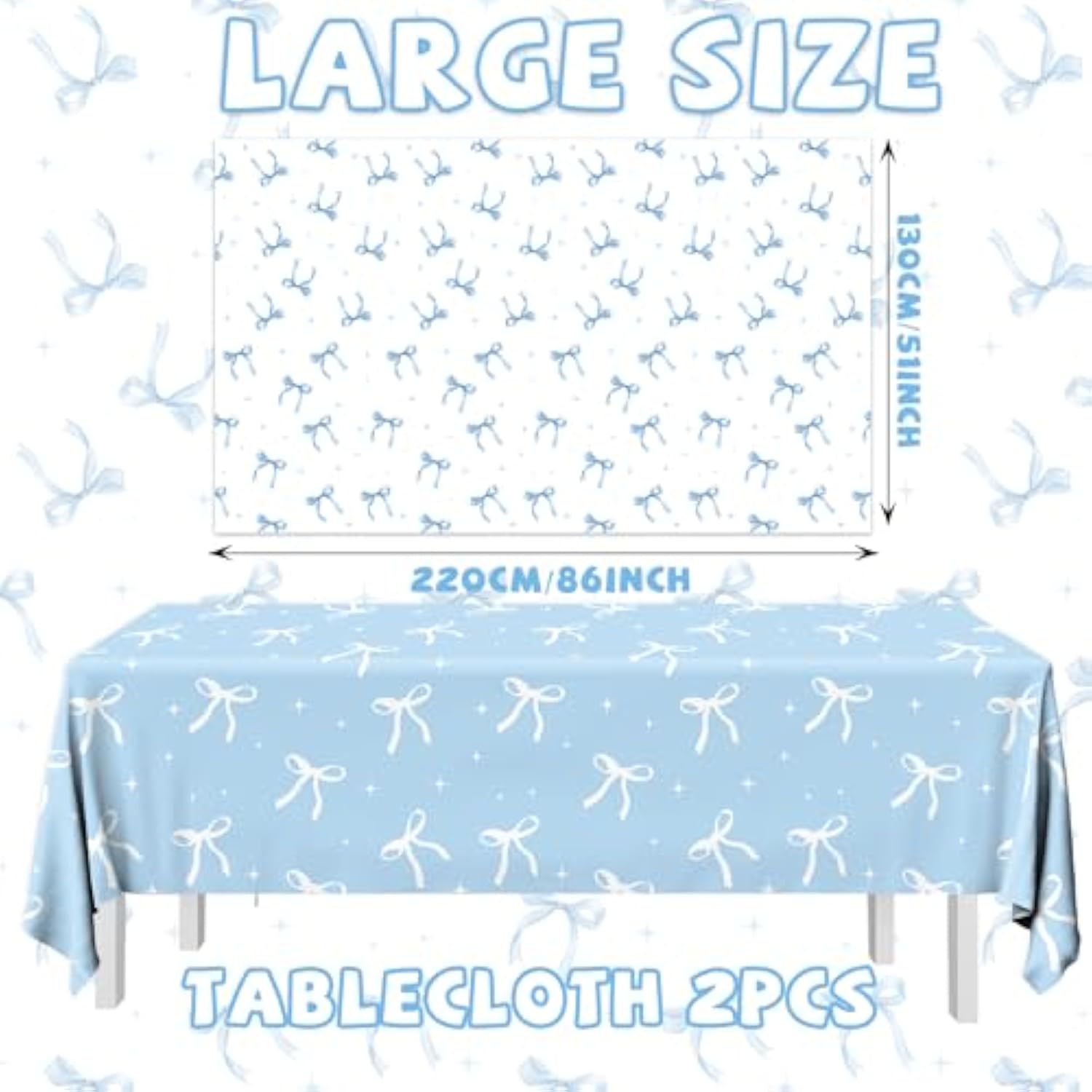 2Pcs Blue Bow Tablecloth,Coquette Birthday Decorations Bow Theme Plastic Table Cover Blue Bow Rectangle Tablecloth For Girls Women Bachelorette Baby Shower Party Decor