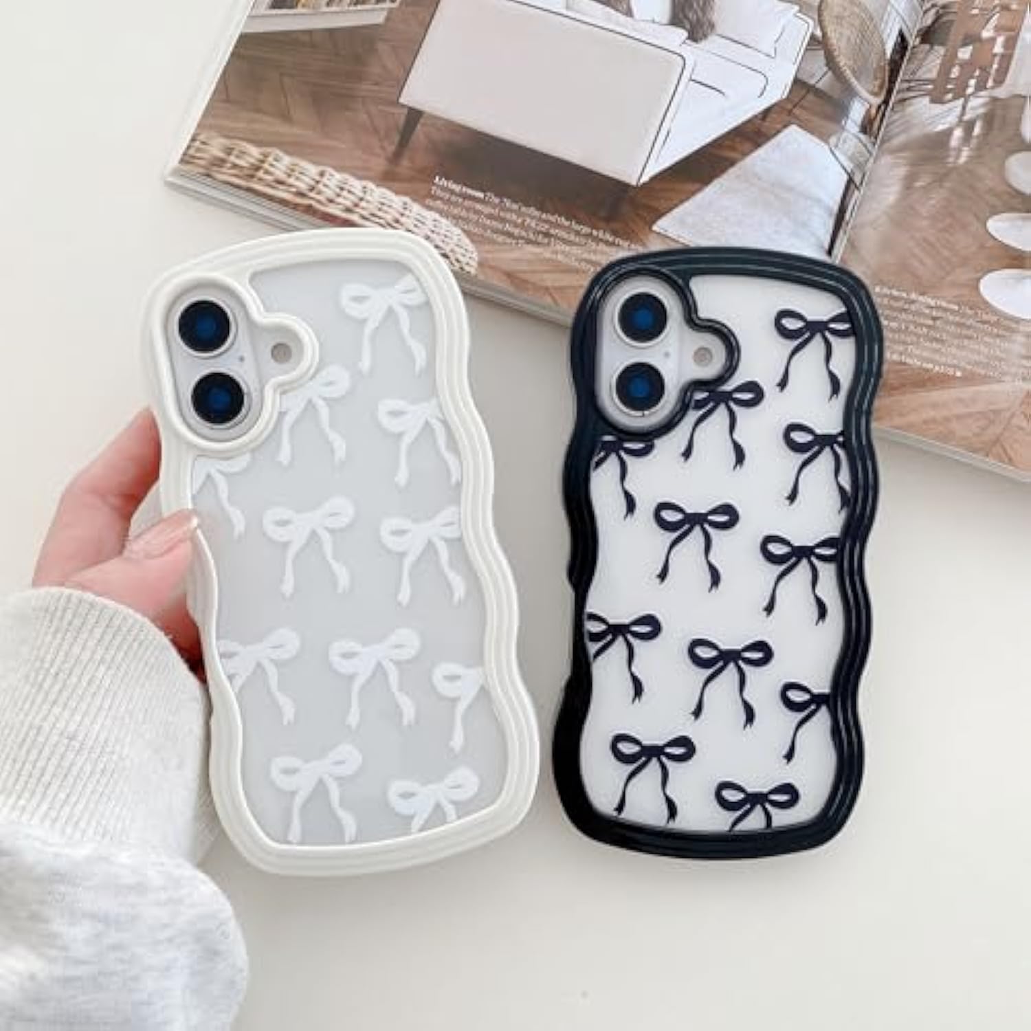 Cute Bow Case For Iphone 16 Plus, Clear Ribbon Bow Pattern Curly Wave Edge Aesthetic Transparent Phone Case, Slim Shockproof Protective Phone Cover For Women Girls - Pink