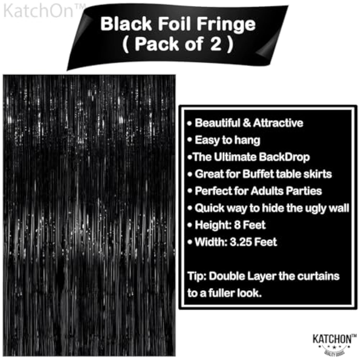2 Pack XL Black Foil Fringe Curtains 3.2x8ft Backdrop for Halloween Party Decorations