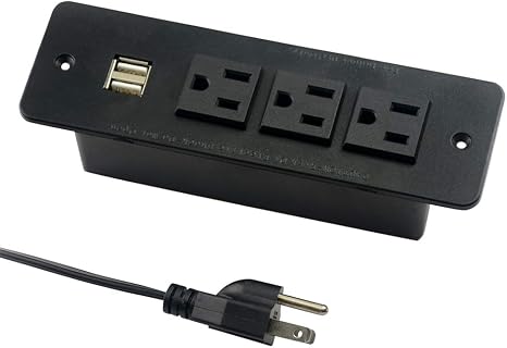 Recessed Conference Power Strip 3 Outlets 2 USB Ports 1875W 10 Ft Cord