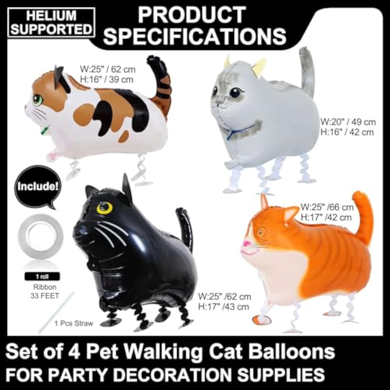 4-Pack Walking Cat Balloons: Fun Pet-Themed Birthday Party Decor for Kids