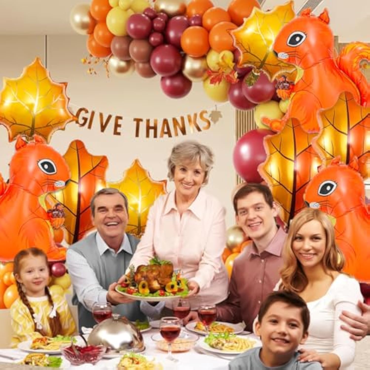 Thanksgiving Foil Balloon Set: Squirrel and Maple Leaf Autumn Decor (9pcs)
