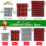 Buffalo Plaid Drawstring Bags, 9Pcs Soft Flannel Christmas Gift Bags Assorted Sizes Xmas Fabric Bags Reusable Gift Bags For Package Birthday Holiday Party(Red&Black)