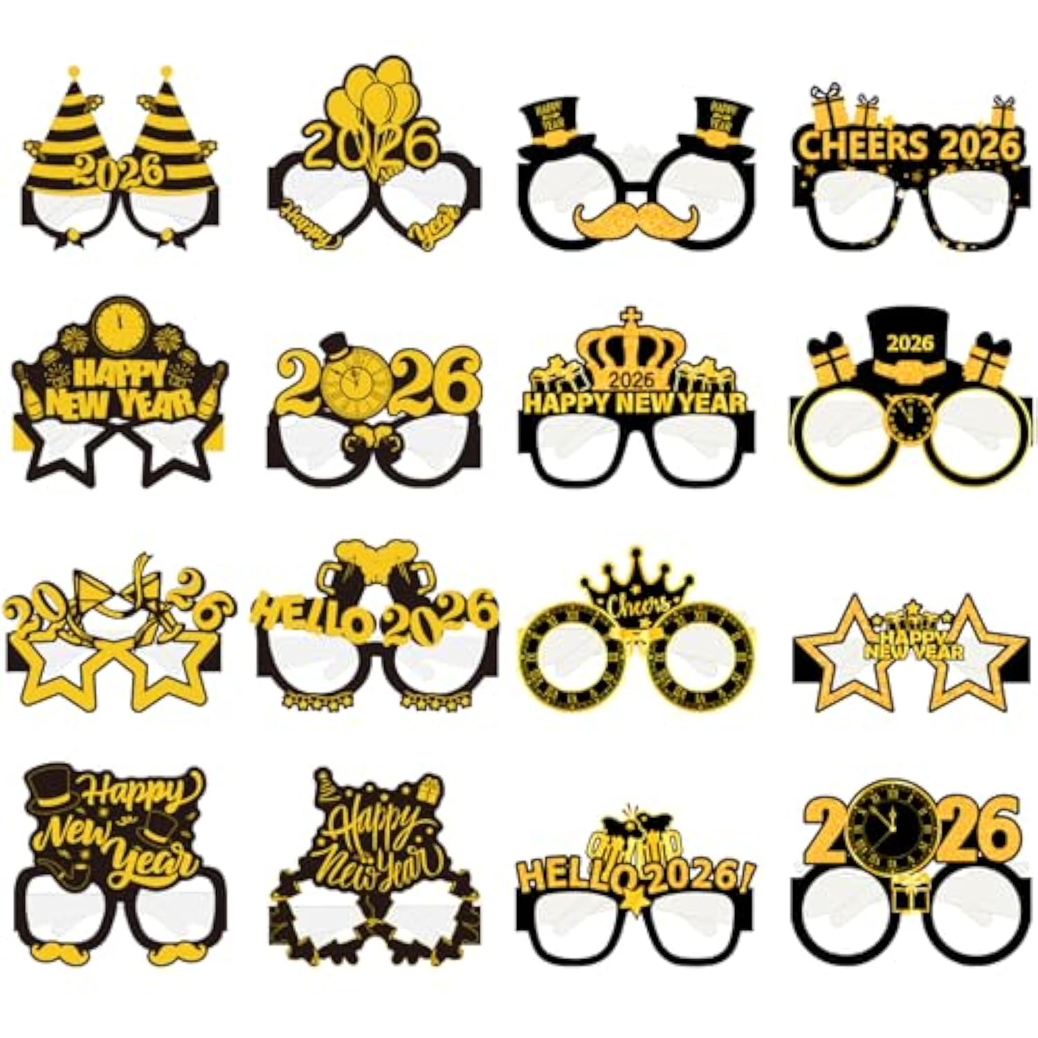 16-Piece Happy New Year 2026 Paper Glasses in Black and Gold for Party Decor