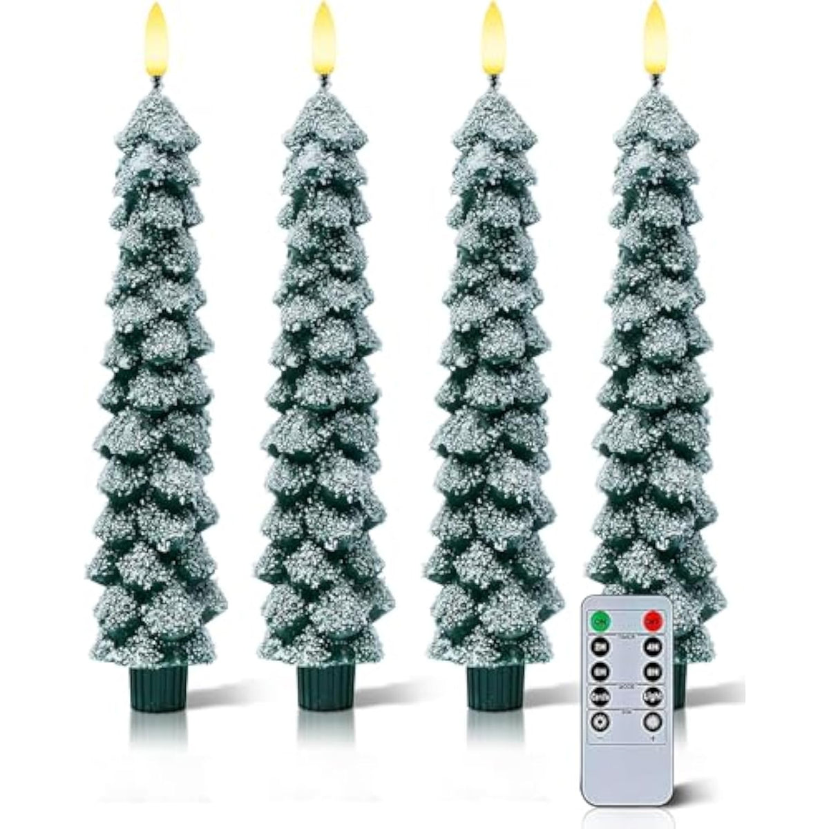 4 Pcs Flameless Christmas Tree Candles With Remote, Snow Covered Real Wax Flameless Taper Candles 9.65 Inch, Led Candlesticks Battery Operated With 3D Flickering Flame, Christmas Candles Decor