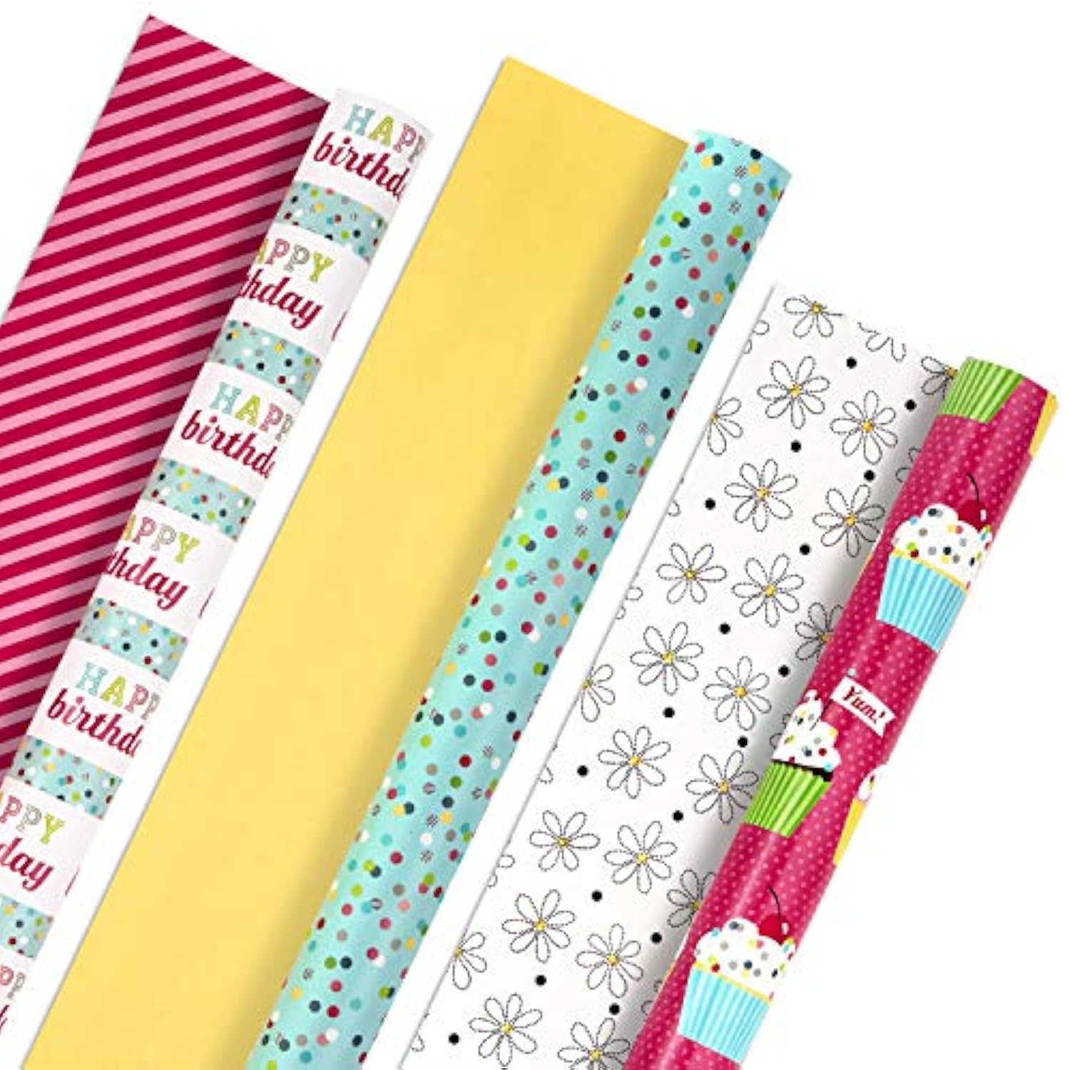 3 Rolls Birthday Wrap Set – Colorful Flowers, Cupcakes, Stripes & Polka Dots, 75 sq. ft.