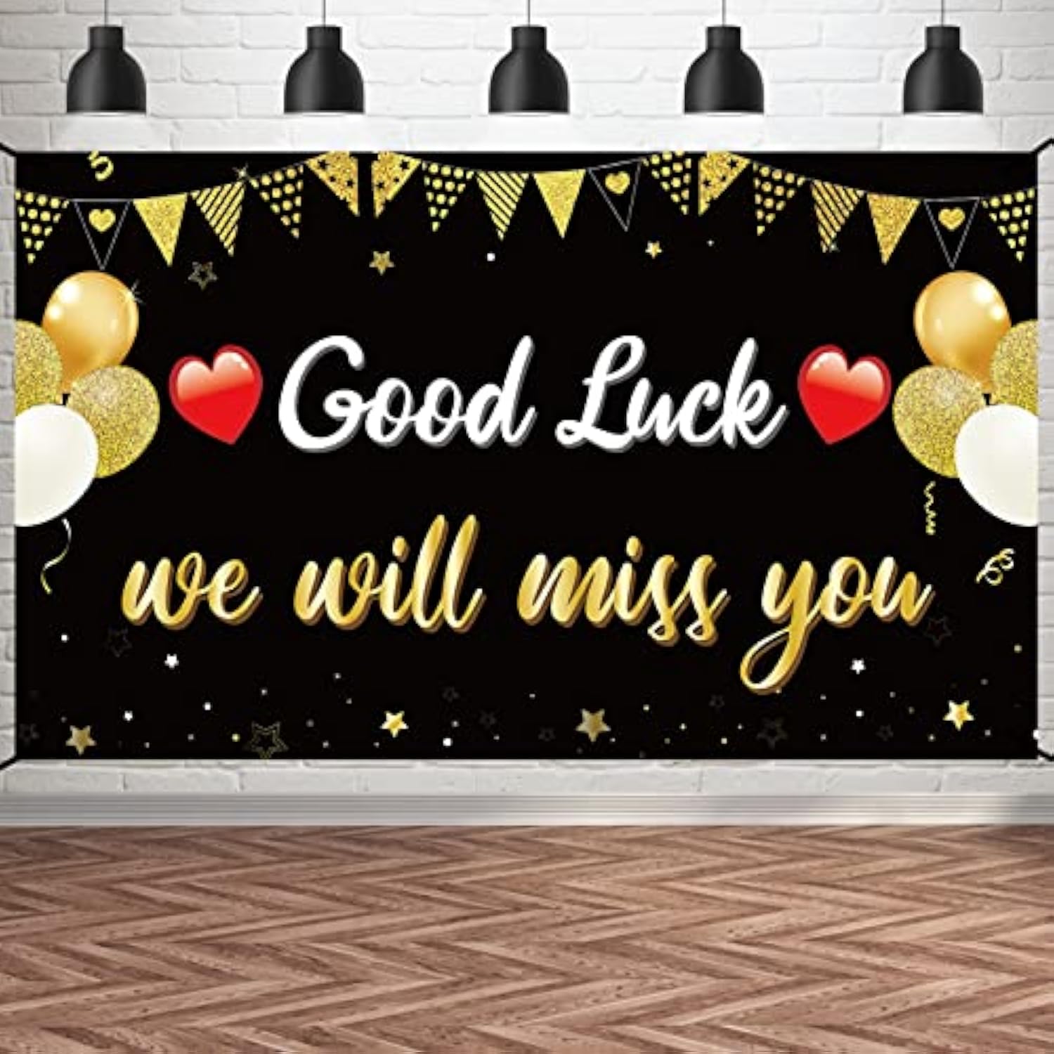 We Will Miss You Good Luck Banner – Black & Gold Farewell Party Decorations