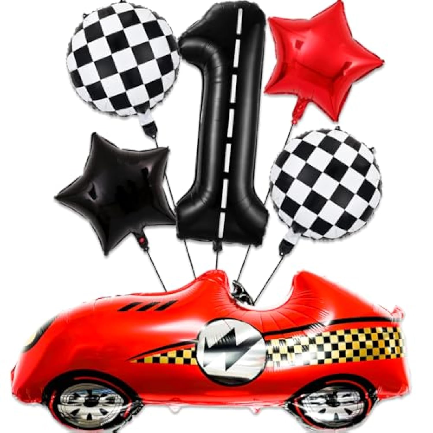 1st Racecar Birthday Set – Red Car, Number 1 & Checkered Balloons