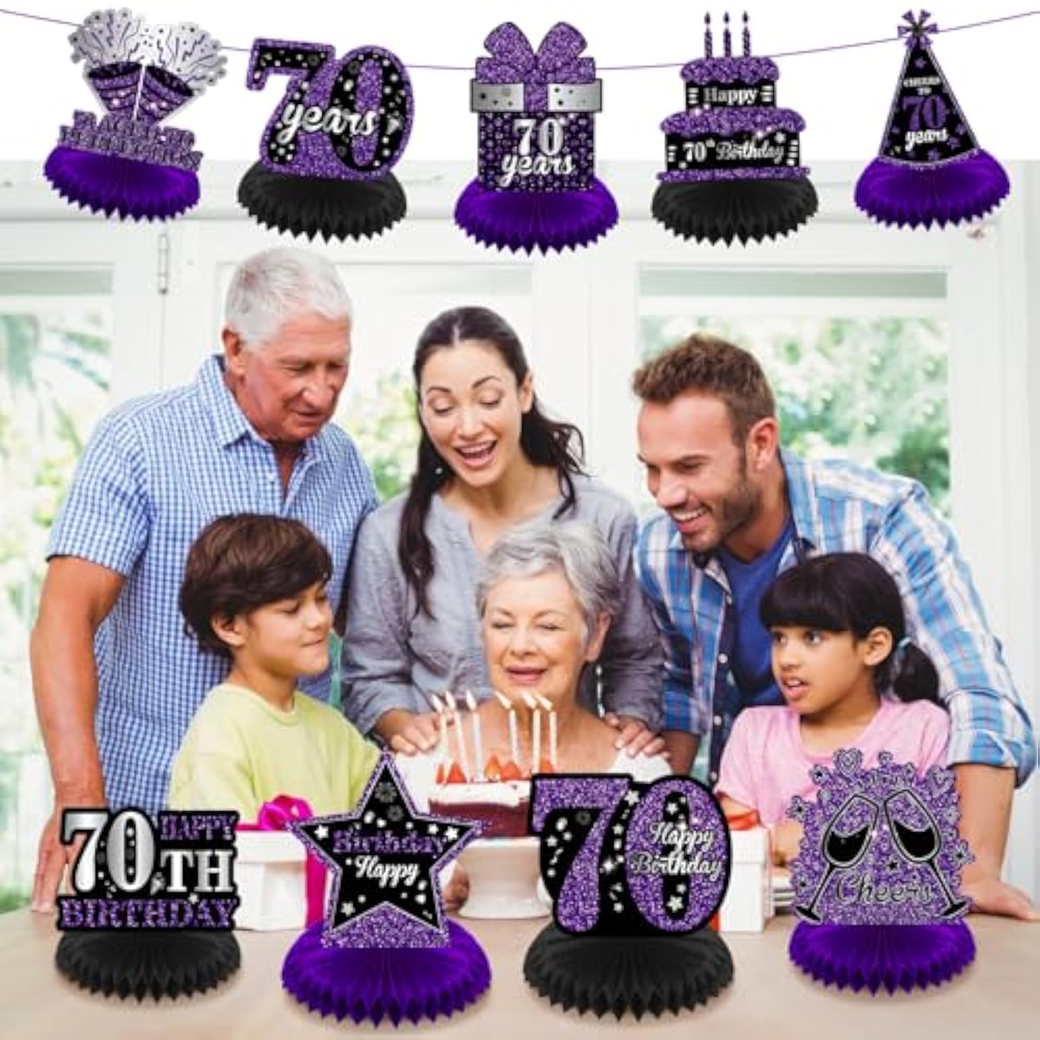 9Pcs Purple 70Th Birthday Decorations Purple Black Happy 70Th Birthday