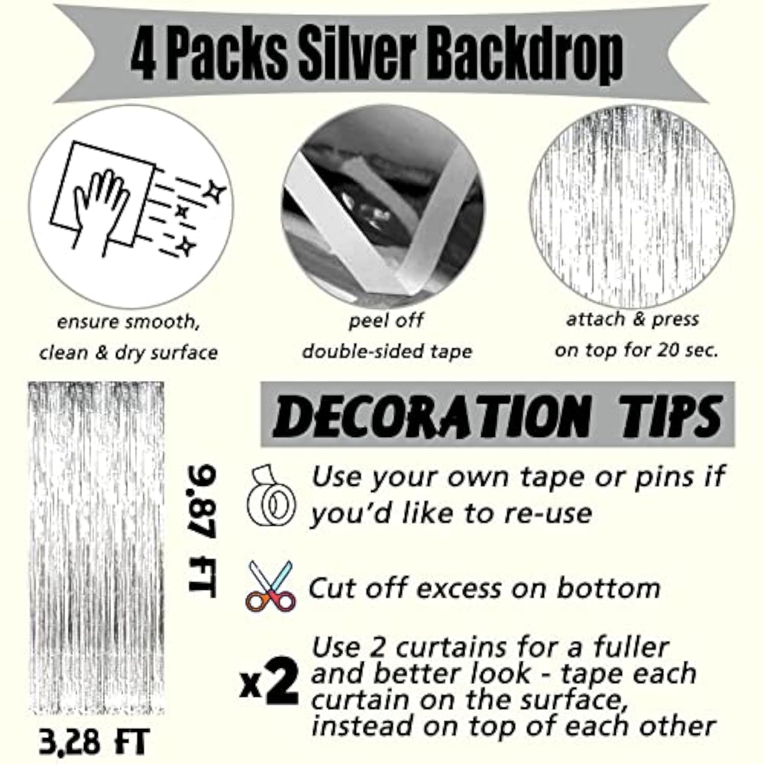 4 Pack Silver Fringe Curtain Backdrop, 3.2Ft X 9.8Ft Metallic Tinsel Foil Fringe Streamers Background For Photo Booth Birthday Wedding Baby Shower Carnival Easter Mother’S Day Party Decorations