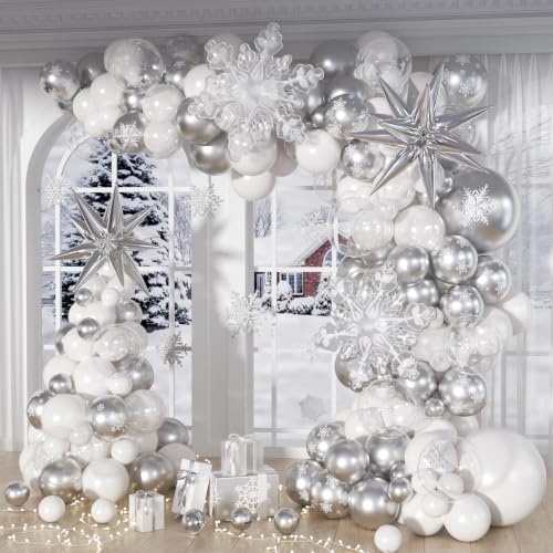 139pcs Snowflake Balloon Arch Kit with Silver and White Balloons