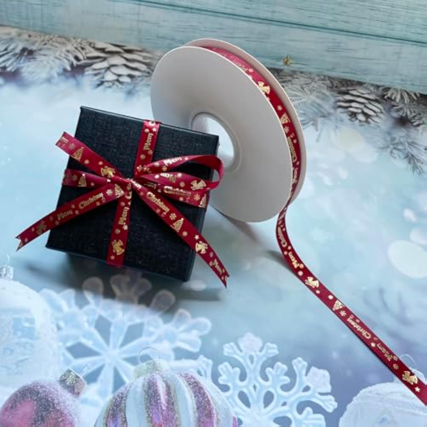 50 Yards Merry Christmas Ribbon Christmas Tree Bells Snowflake, 3/8 Inch Wide Satin Ribbons For Festival Holiday Party Decoration Gift Wrapping Crafts (Wine Red)