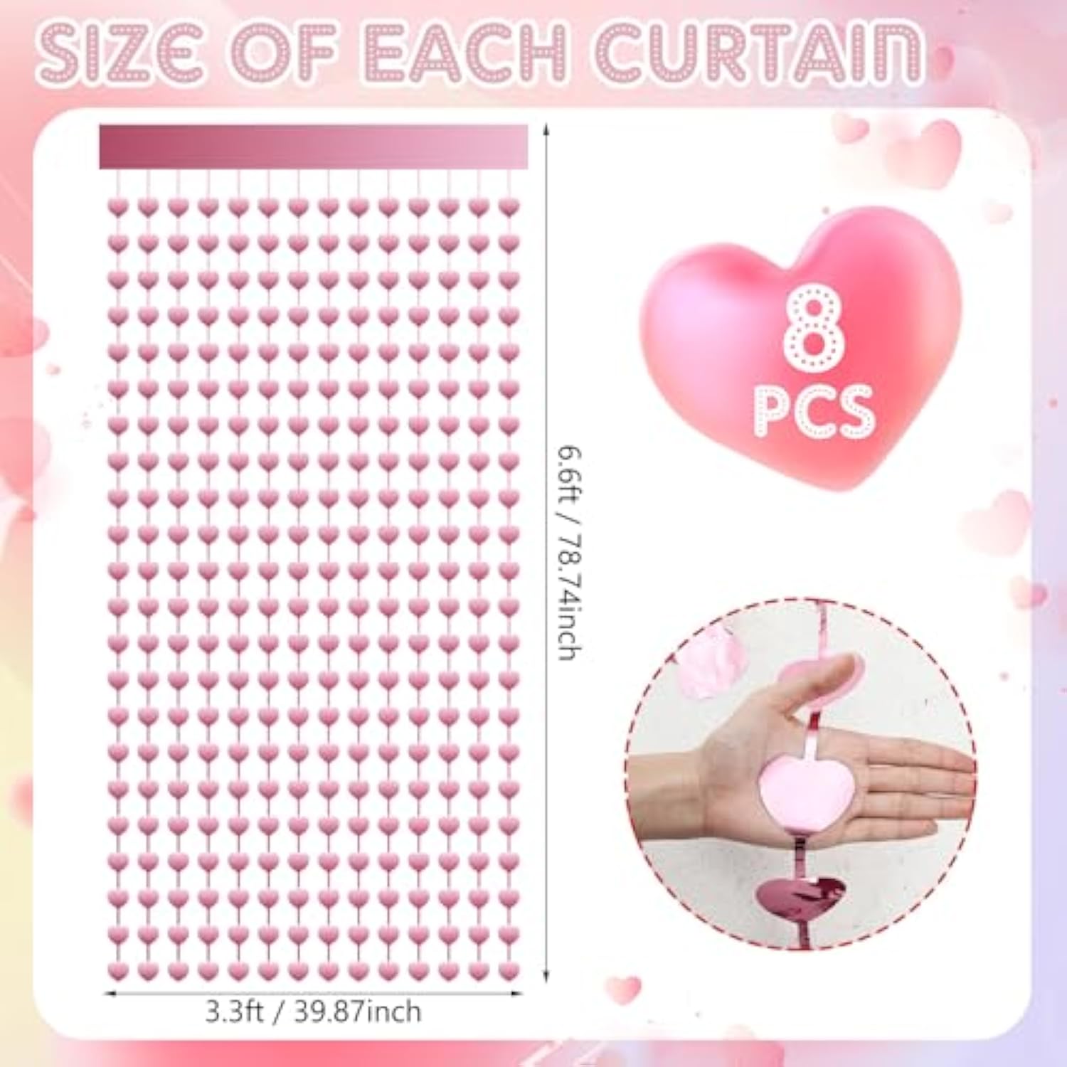 8 Pcs Heart Foil Curtain Galentine Party Decoration 3.3X6.6 Ft Heart Streamer Fringe Photo Backdrop For Bachelorette Birthday Engagement Party Supplies Props(Pink)