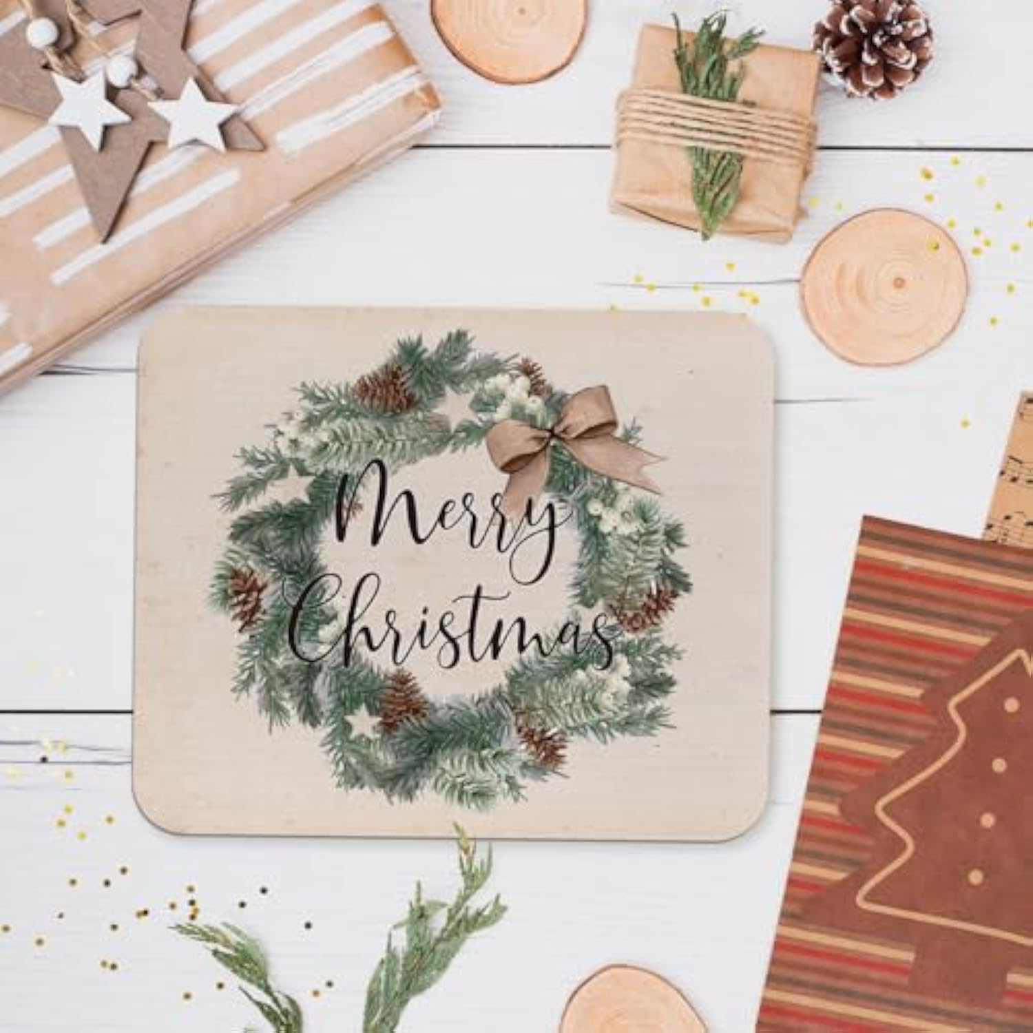 Christmas Mouse Pad, Vintage Merry Christmas Wreath Cute Office Supplies Mouse Pad, Winter Holiday Square Mouse Pads For Desk Computer Office Gaming Working, 9.5×7.9 In