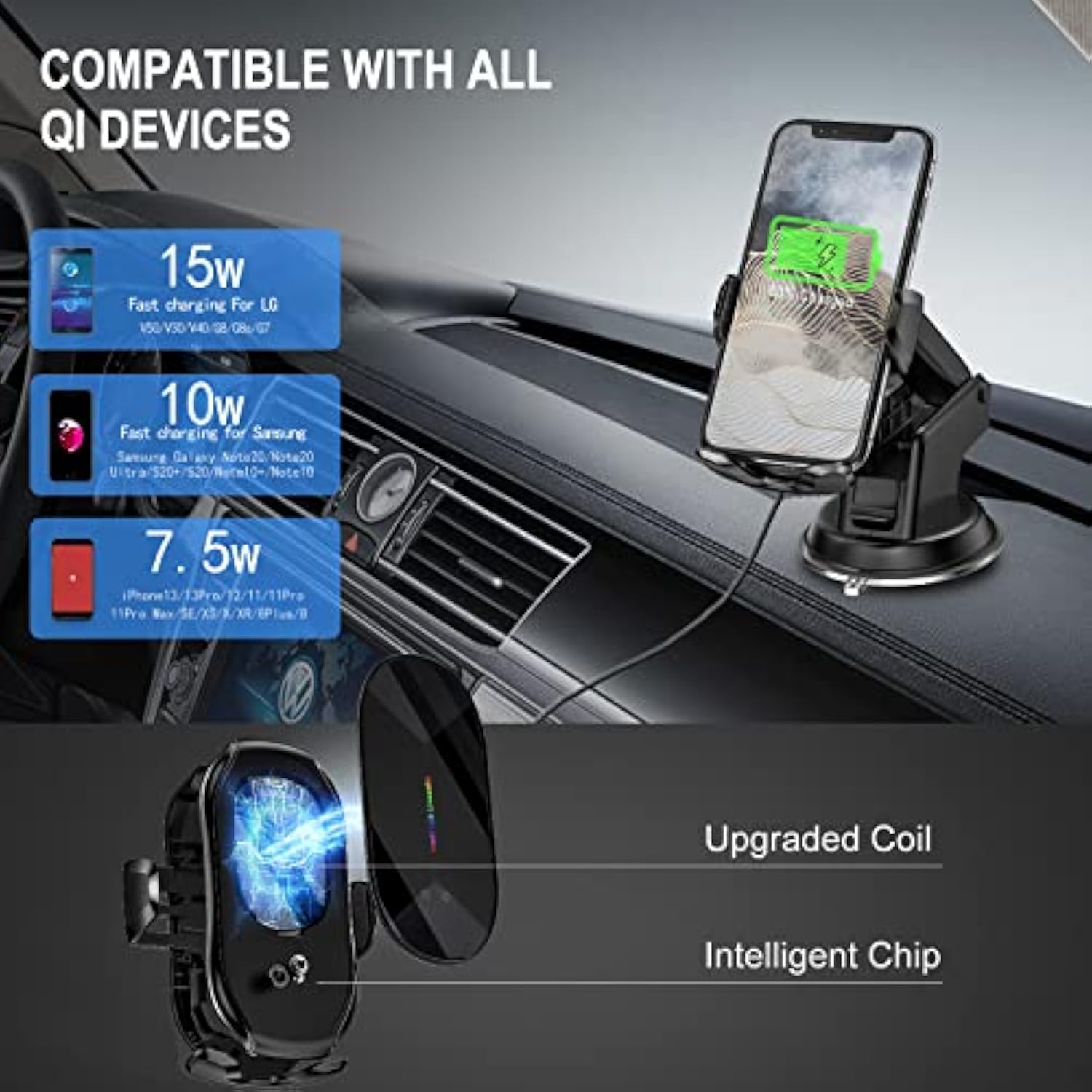 Wireless Car Charger Mount, 15W Qi Fast Charging Auto-Clamping Phone Holder, Vent/Mount Compatible With Iphone 13/12/11/X/8, Samsung S20/S10/Note20/Note10