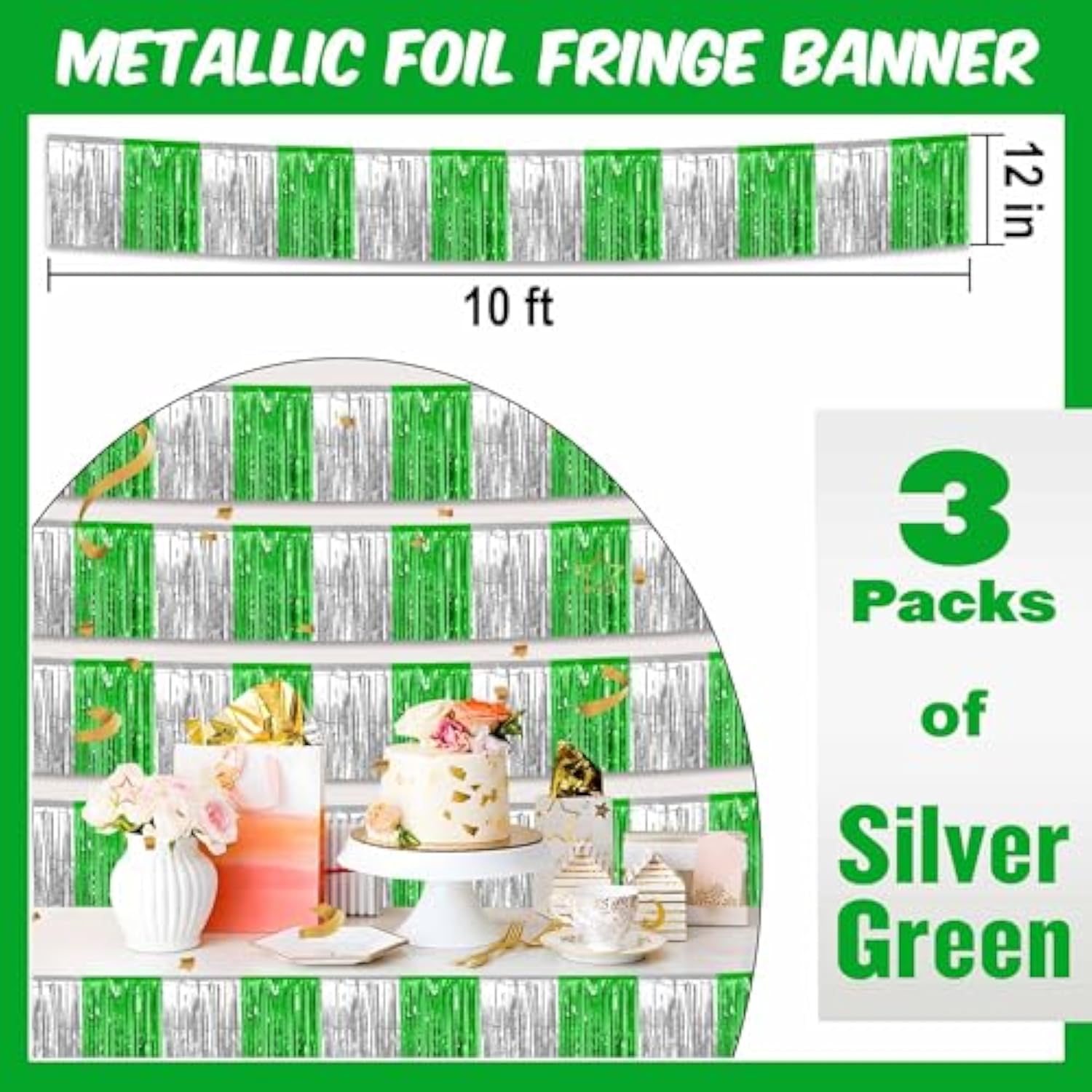 3 Pack 10 Ft Silver Green Foil Fringe Garland Metallic Streamers Tinsel Banner Wall Hanging Garland Backdrop For Parade Floats, Halloween, Christmas, Thanksgiving, New Year Party Decorations