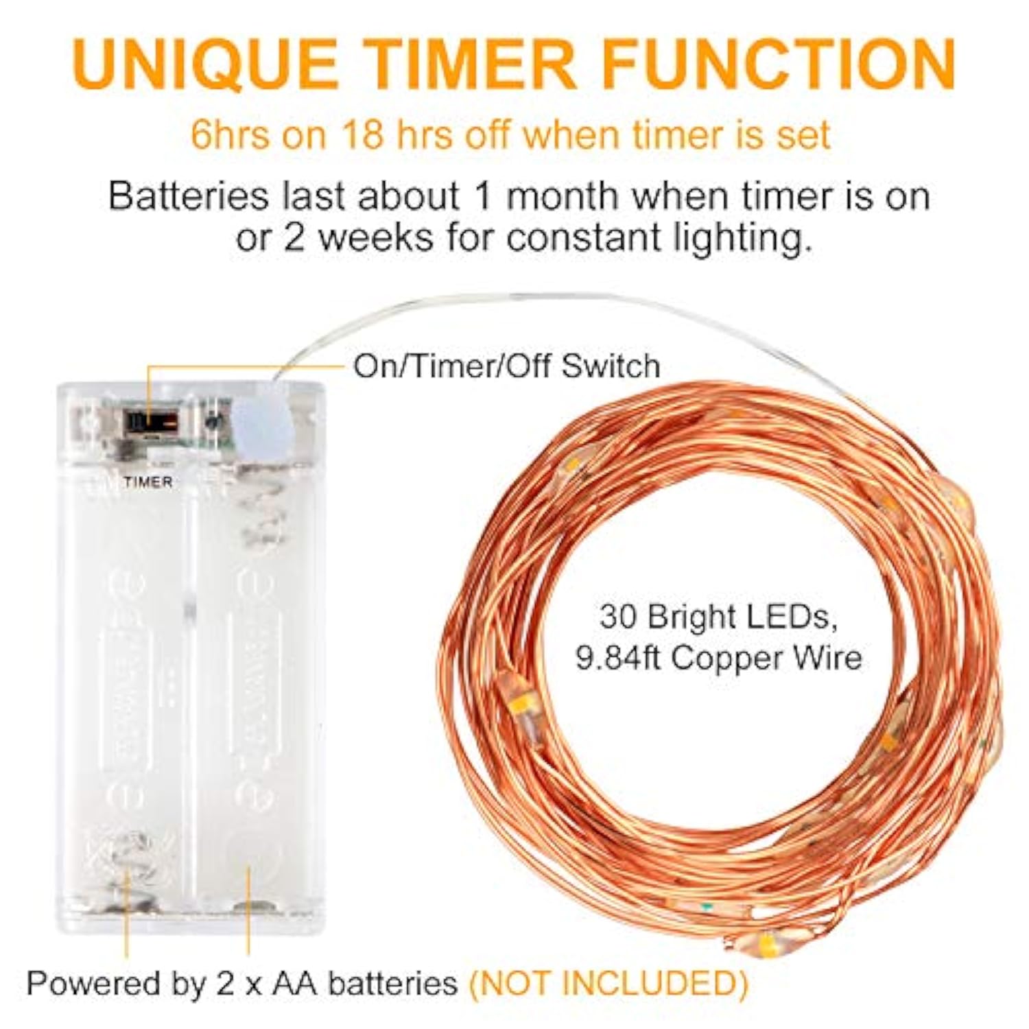 6 Pack LED Fairy String Lights (10ft, 30 LEDs, Timer, Warm White)