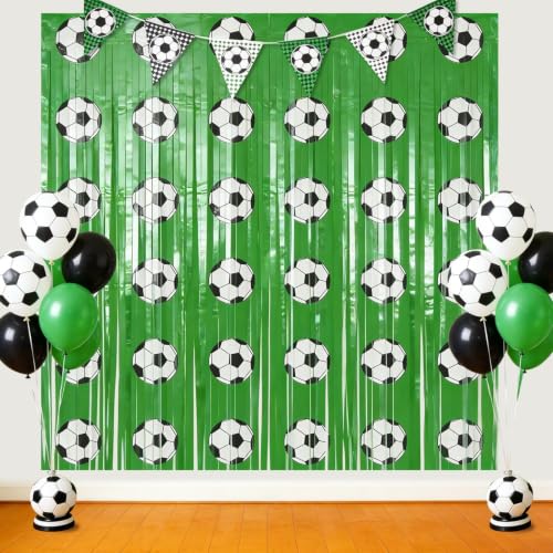2 Pcs Soccer Birthday Party Decorations Fringe Curtains, Green Soccer Tinsel Foil Fringe Photo Backdrop Streamers for Sports Party Decorations, 3.3 x 6.6 ft