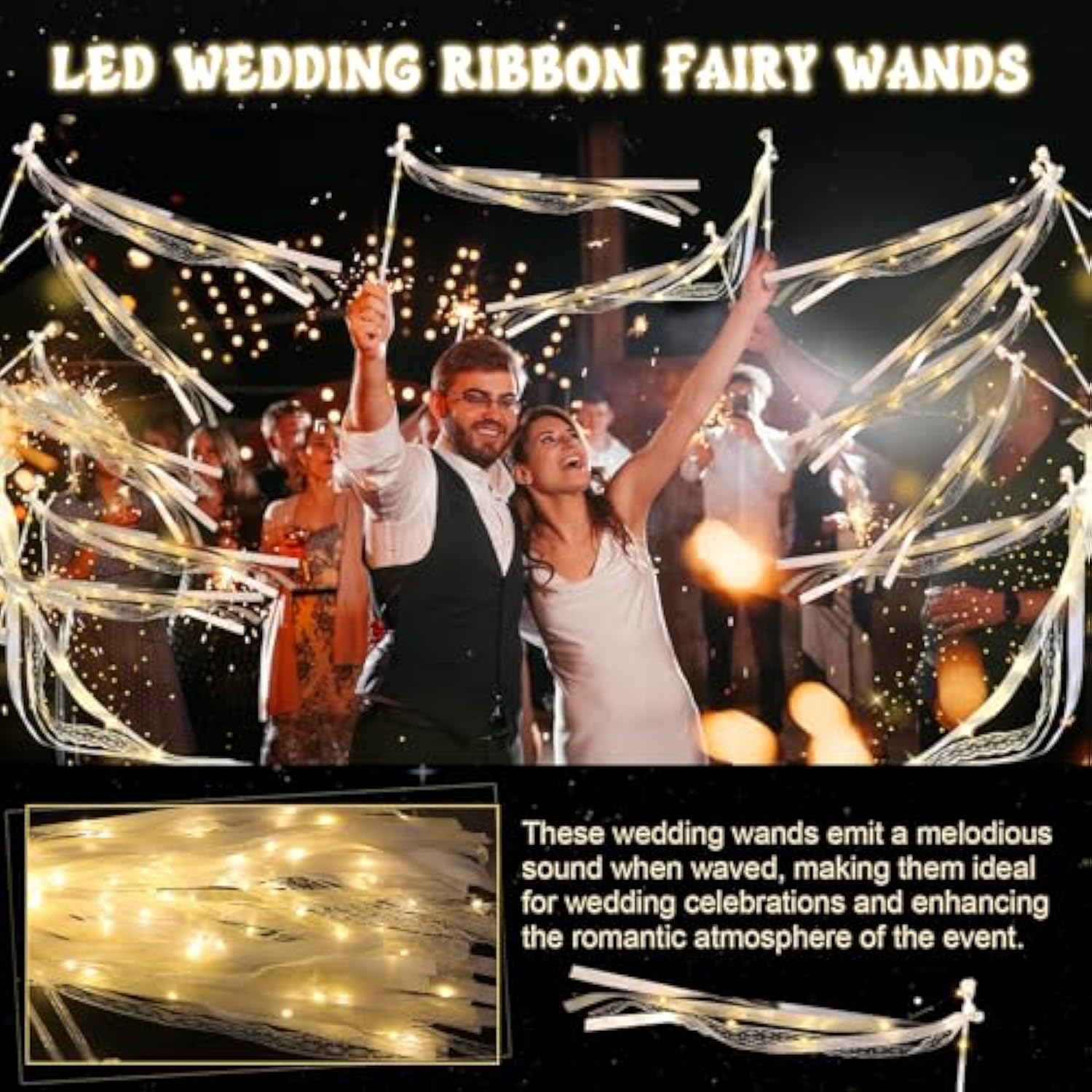 50 Pcs LED Wedding Ribbon Wands Warm White Fairy Streamers with Bells