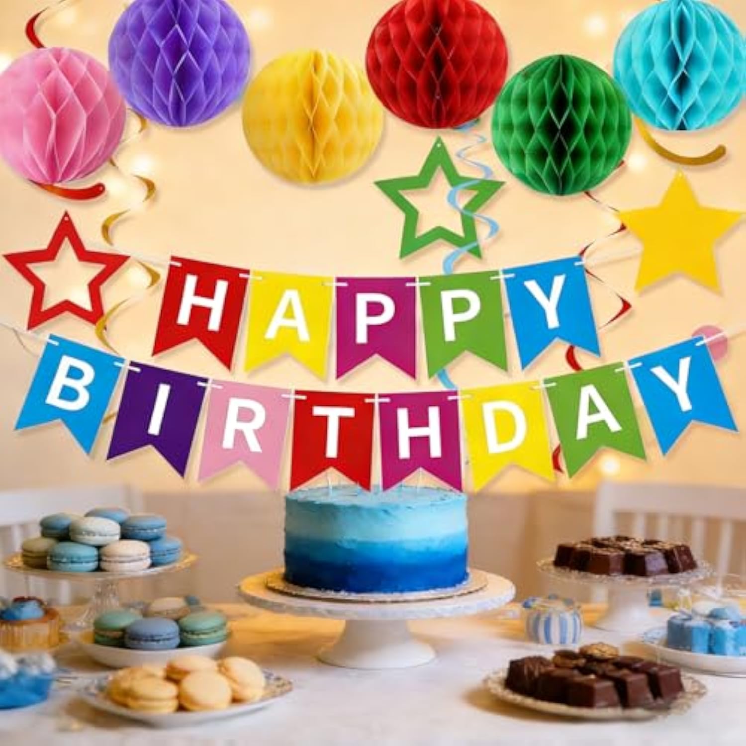 Birthday Banner Decorations With Honeycomb Balls, Stars, Circle Dots Garland Swirl Streamer Happy Birthday Party Decorations Supplies For Party(Multicolour)