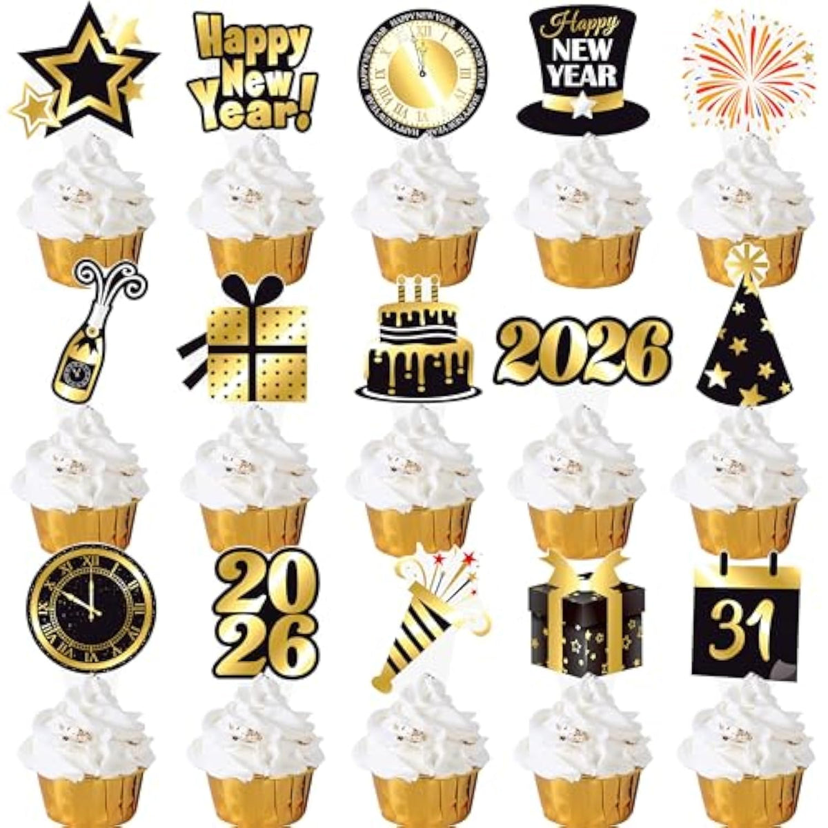 48pcs New Year 2026 Countdown Clock Cupcake Toppers Party Decor
