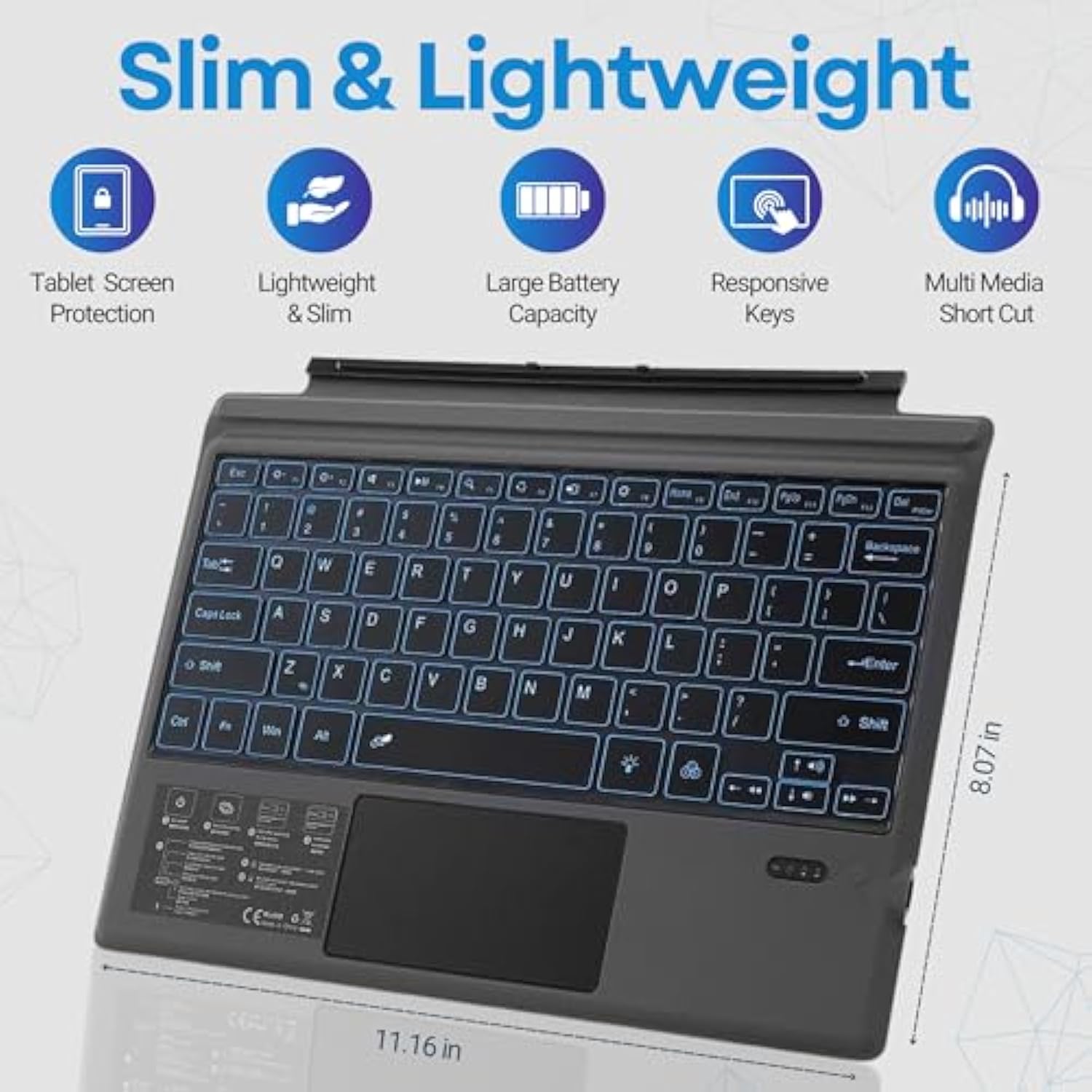 Wireless Keyboard Type Cover Trackpad Mouse Replacement For Microsoft Surface Pro 7 Pro 6 Pro 5 Pro 4 Pro 3 Bluetooth 7-Color Led Backlit Ultra-Slim Rechargeable Battery Multi-Touch