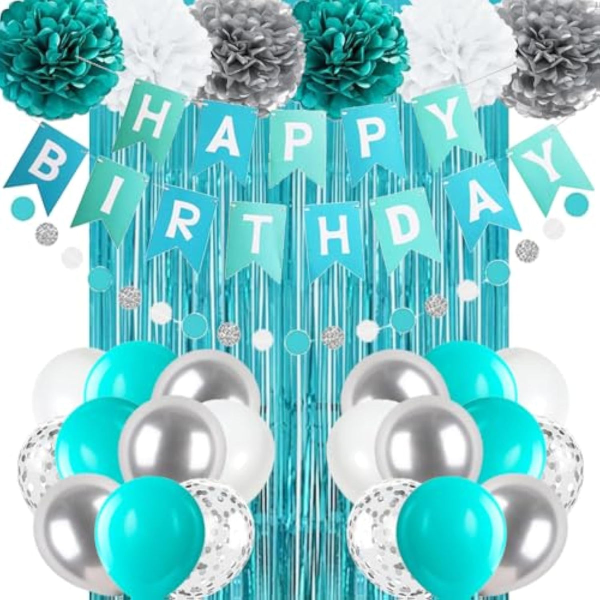 Teal Blue And Silver Happy Birthday Party Decorations For Men Boys Women Girls, Turquoise Aqua Teal Décor Supplies For Him Her 13Th, 16Th 18Th 20Th 21St 25Th 30Th 40Th 50Th 60Th Birthday Party