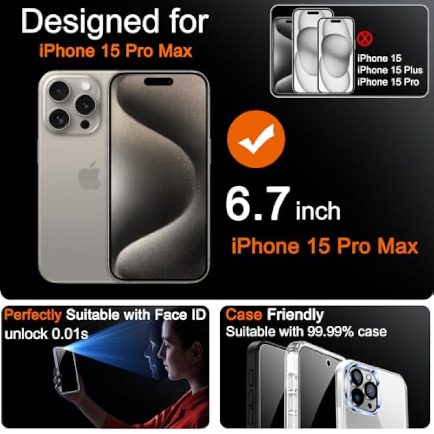 Iphone 15 Pro Max Privacy Screen Protector 3 Pack With Camera Lens Black