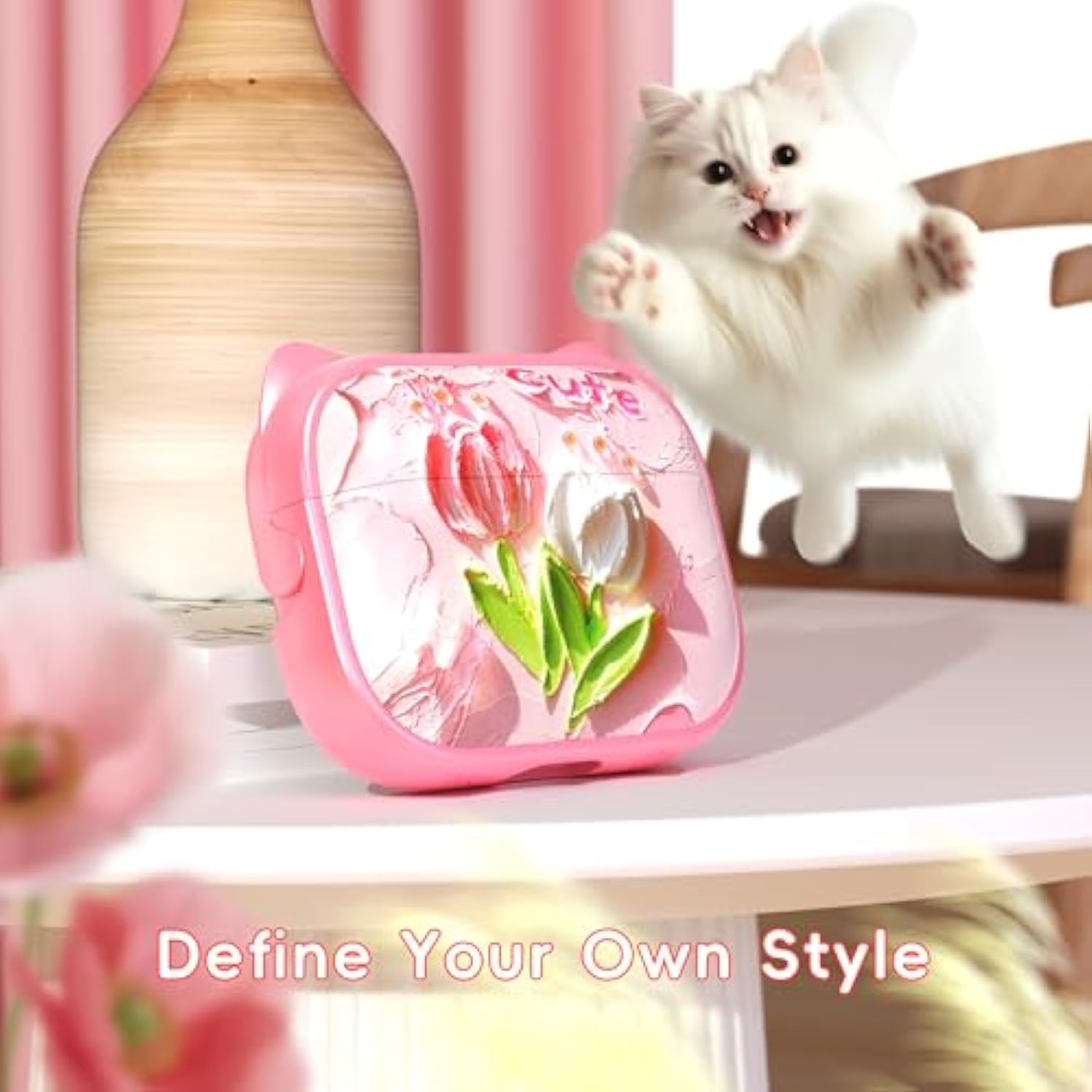 For Airpods Pro 2 Case With Cleaning Kit, Cute Cat Ear Print Design & Cute Buckle For Girls, Phone Holder & Top Safe Lock Buckle Design For Airpods Pro 2Nd/1St Gen Case, Tulip