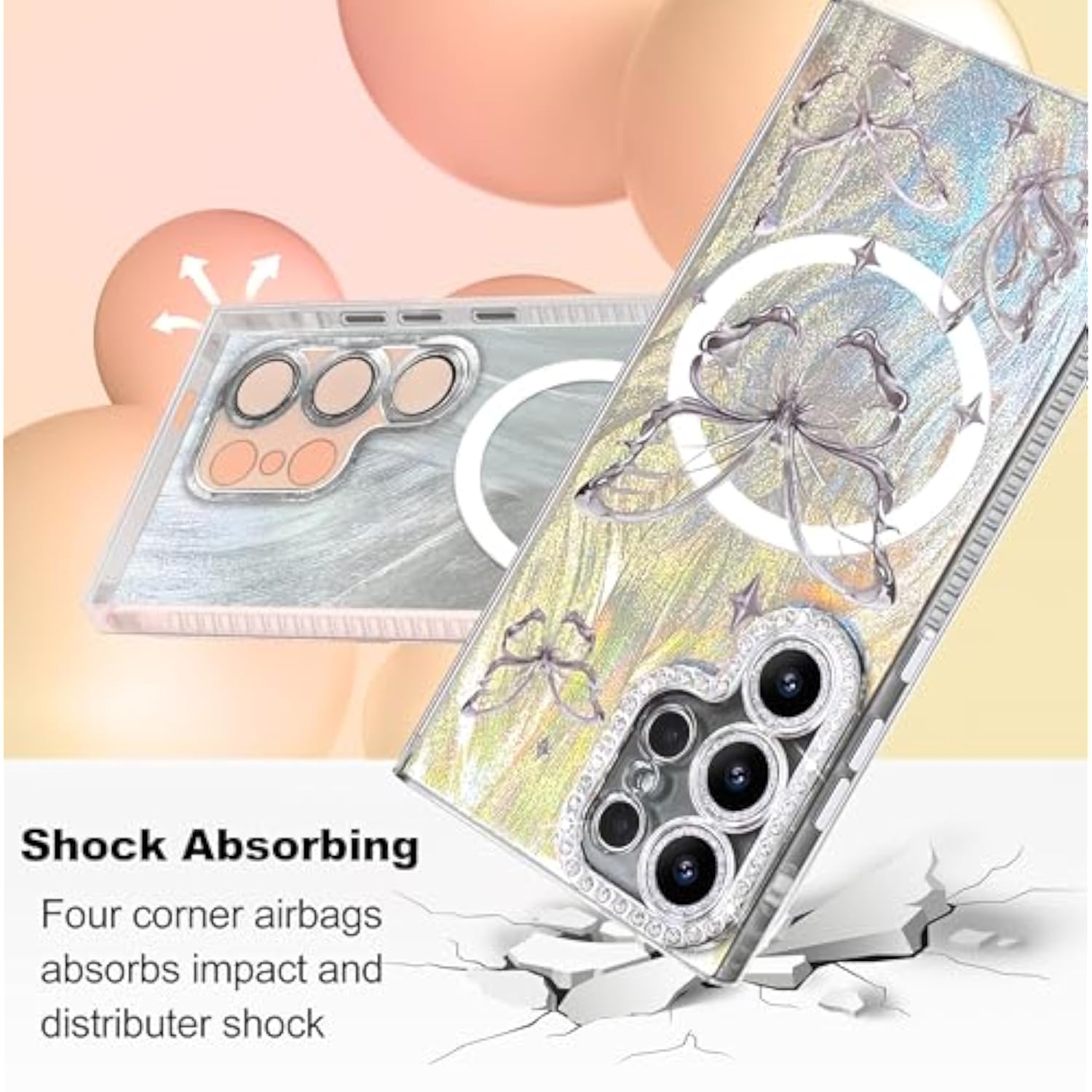Compact Samsung Galaxy S25 Ultra Phone Case with Magnetic Protective Camera Lens Frame, Soft Shockproof Design, Silver Aesthetic