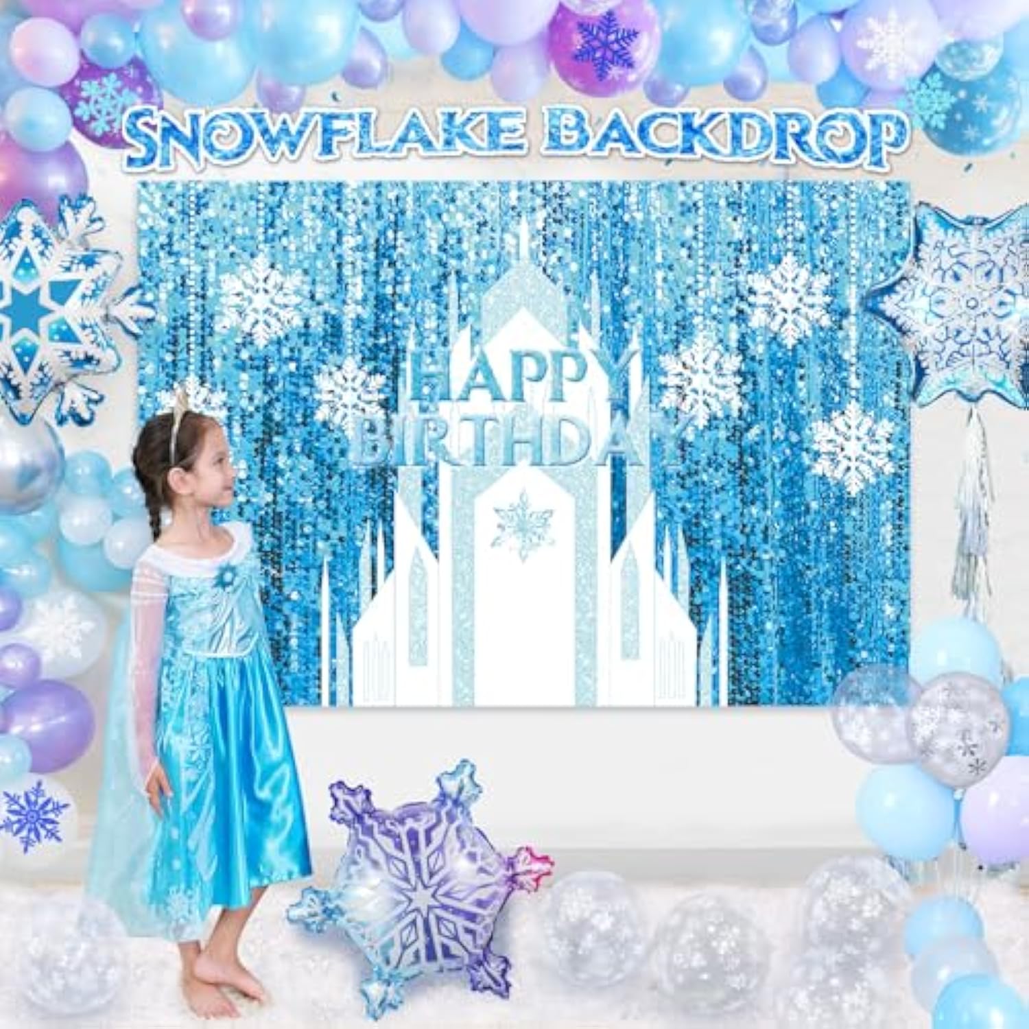 159Pcs Snowflake Birthday Party Decorations For Girls, Winter Balloon Arch Wonderland Backdrop Tablecloth 24'' Large Snowflake Balloon Sticker, Kids Princess Winter Birthday Party Decorations
