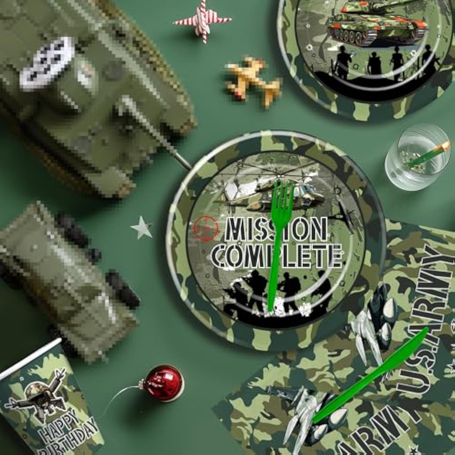 Military Army Party Decorations Tableware - Army Birthday Party Supplies, Plate, Cup, Napkin, Disposable Cutlery, Camo Camouflage Army Military Soldier Theme Birthday Decorations | 24 Guests