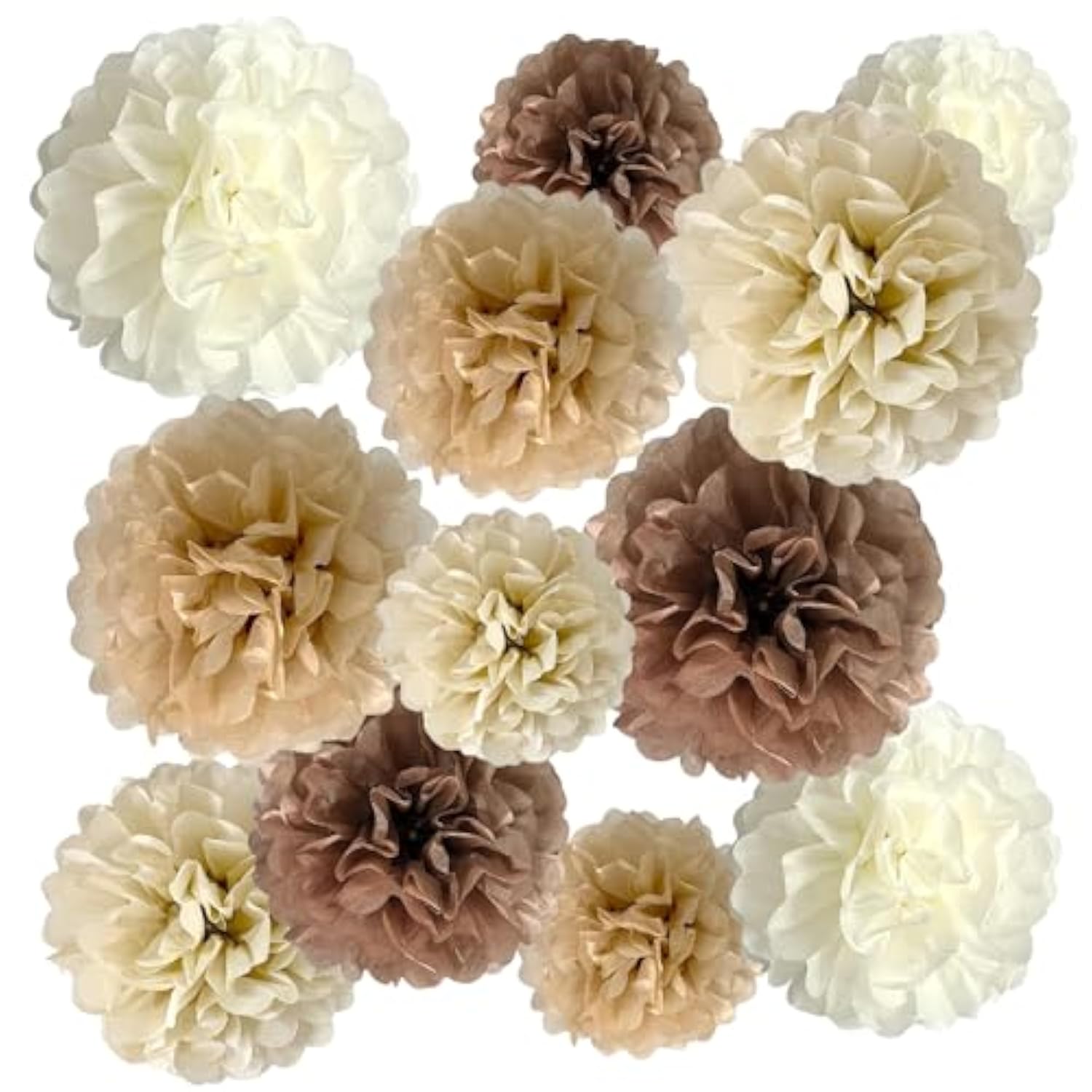 Brown Paper Pom Poms, Caramel Party Decorations Boho Ivory Beige White Tissue Paper Pom Poms For Rustic Neutral Birthday Western Graduation Birthday Wedding Baby Shower 12Pcs, Variety Pack