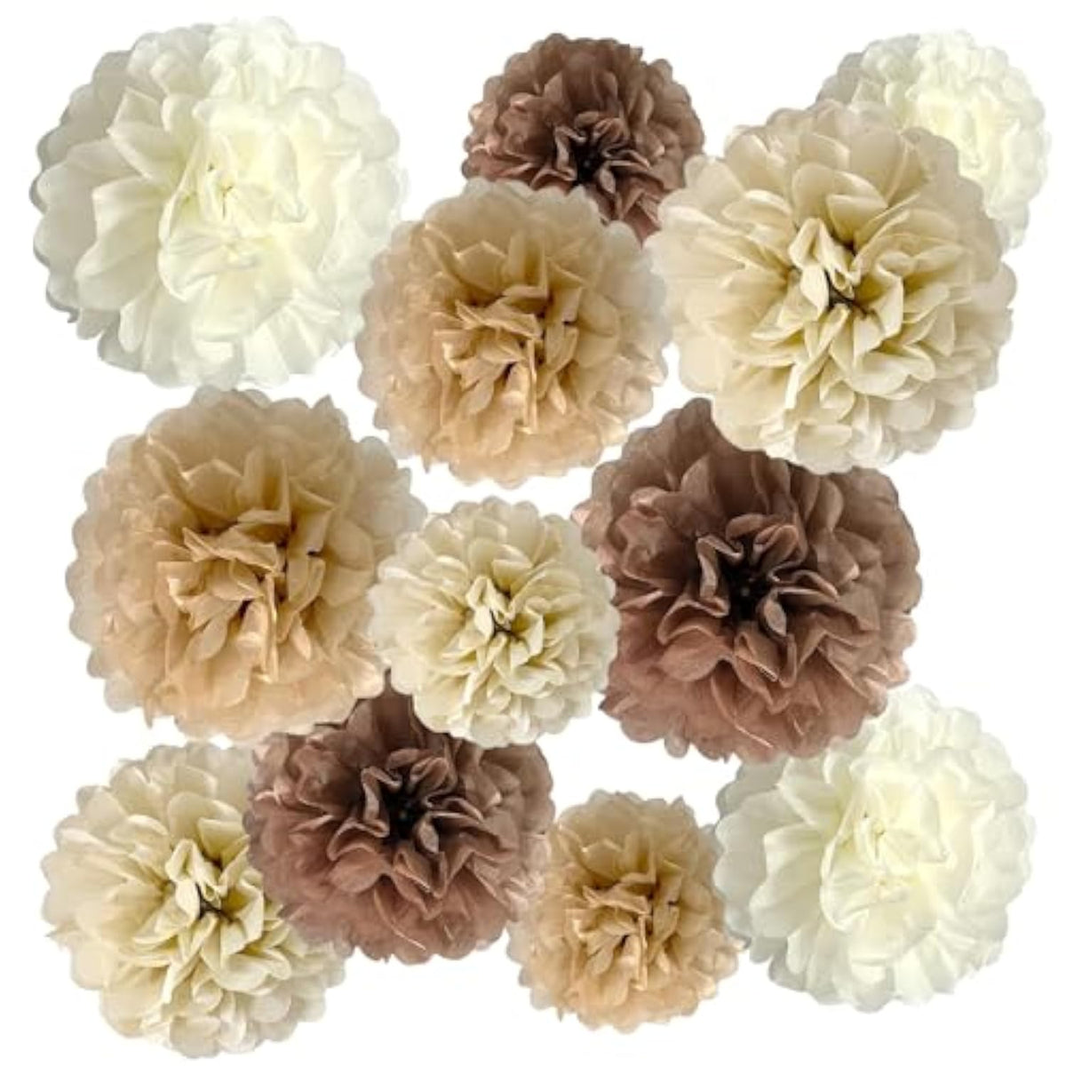 Brown Paper Pom Poms, Caramel Party Decorations Boho Ivory Beige White Tissue Paper Pom Poms For Rustic Neutral Birthday Western Graduation Birthday Wedding Baby Shower 12Pcs, Variety Pack