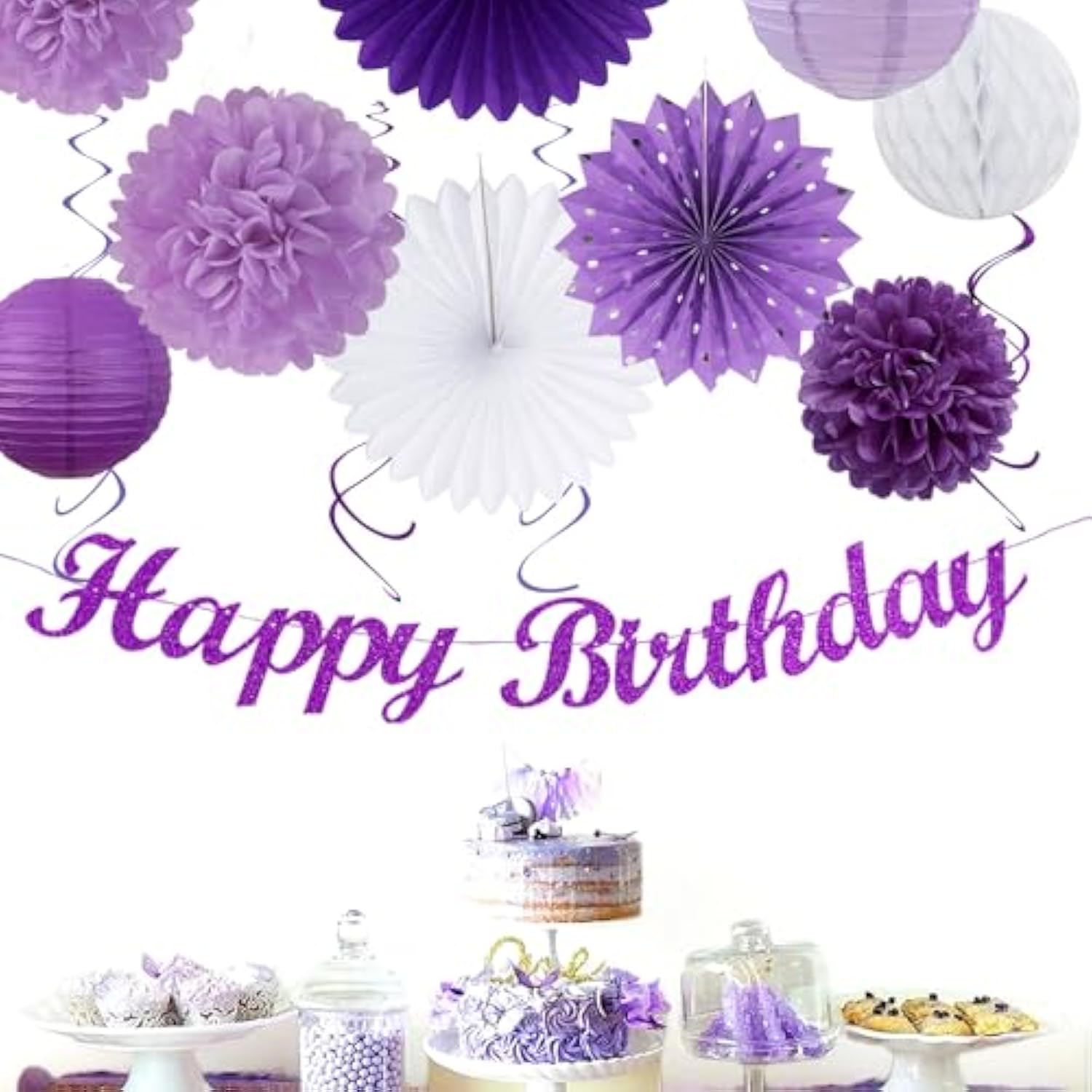 Purple Lilac-Lavender White Women Birthday Party-Decorations - 21Pcs Happy Banner,Paper Lanterns,Tissue Pom Poms Flower Fan,Honeycomb Ball,Hanging Streamers Garland, Girls Decor Supplies