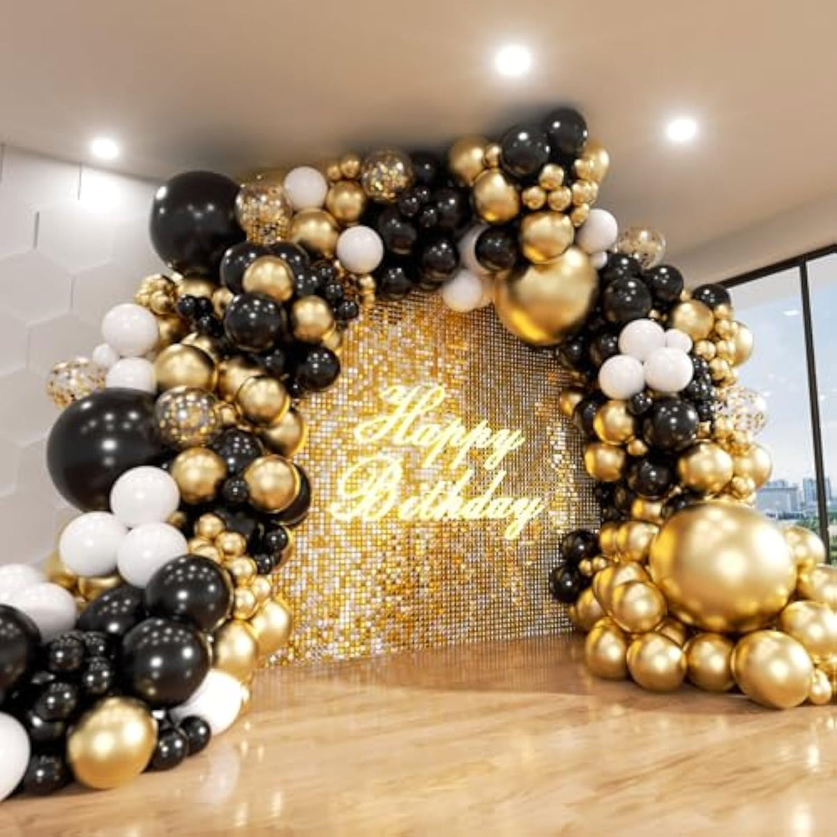 Black And Gold Balloon Arch Kit, 140Pcs Black White Metallic Gold Confetti Latex Balloons 18 12 10 5 Inch Different Size Balloons For Birthday Anniversary Graduation Wedding Party Decorations