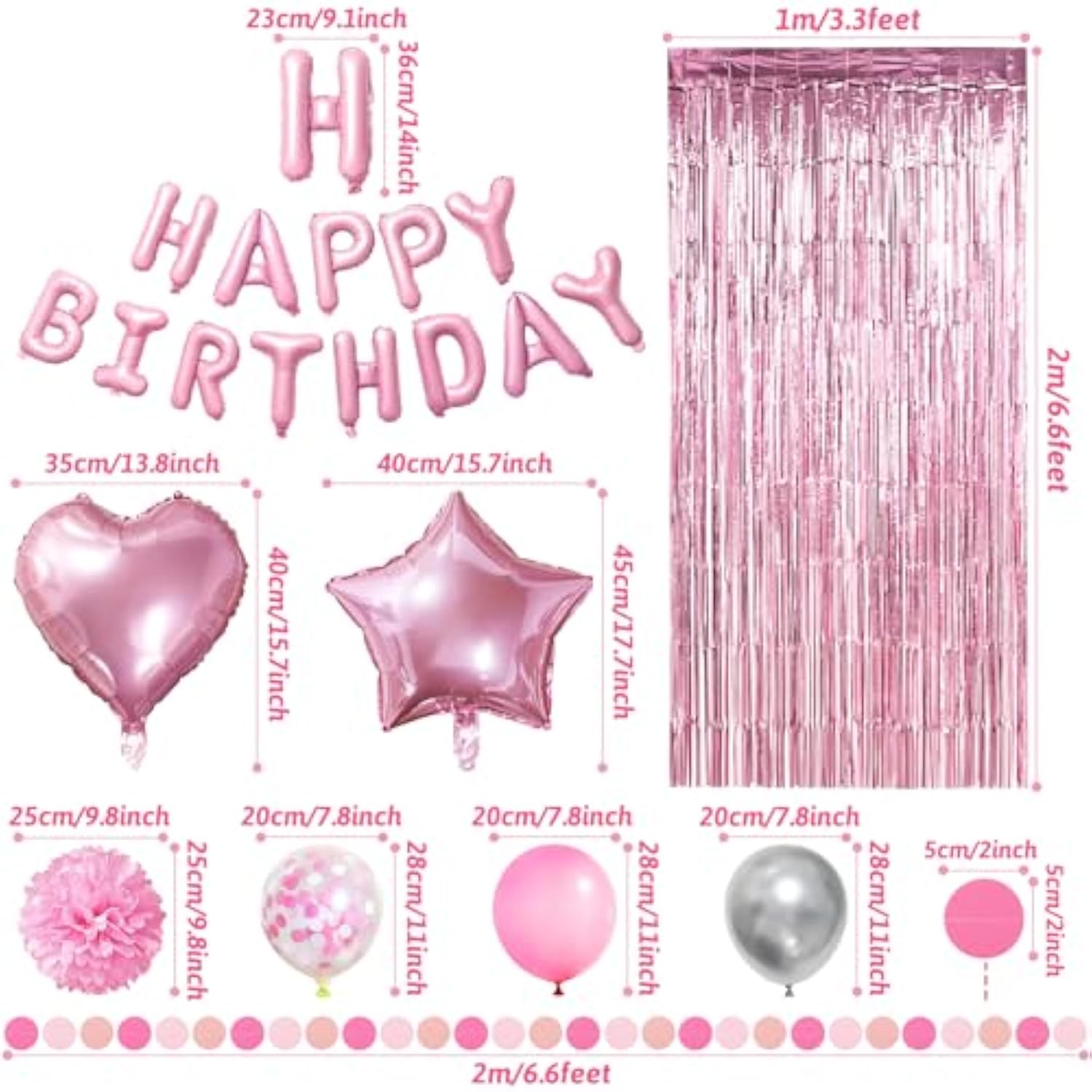 Pink Birthday Party Decorations - Pompoms, Balloons, Fringe Curtain & Banner For Baby Girls' Birthday Party