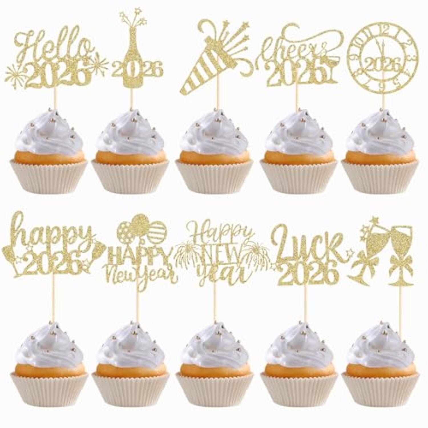 60pc Happy New Year 2026 Glitter Cupcake Toppers Balloon Fireworks Clock