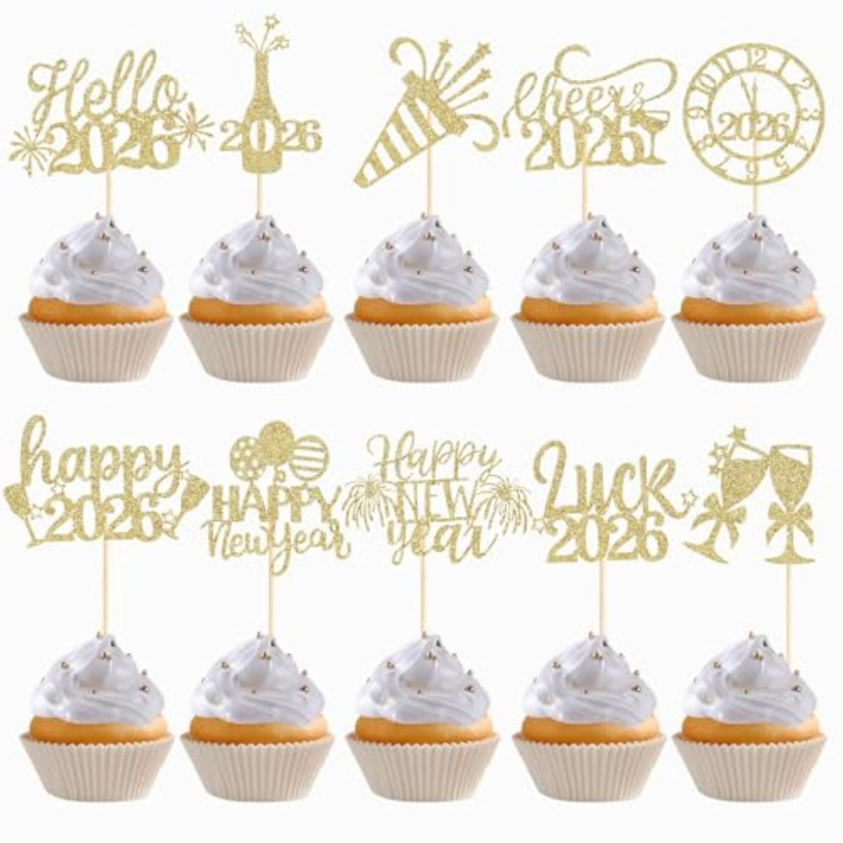 60pc Happy New Year 2026 Glitter Cupcake Toppers Balloon Fireworks Clock