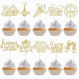 60pc Happy New Year 2026 Glitter Cupcake Toppers Balloon Fireworks Clock