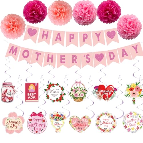 Mother's Day Decorations Set - Happy Mother's Day Glitter Banner, 6Pcs Paper Pom Poms, 14Pcs Hanging Swirls with Flower Cutouts - Pink Floral Party Supplies for Home, Office, Classroom