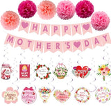 Mother's Day Decorations Set - Happy Mother's Day Glitter Banner, 6Pcs Paper Pom Poms, 14Pcs Hanging Swirls with Flower Cutouts - Pink Floral Party Supplies for Home, Office, Classroom