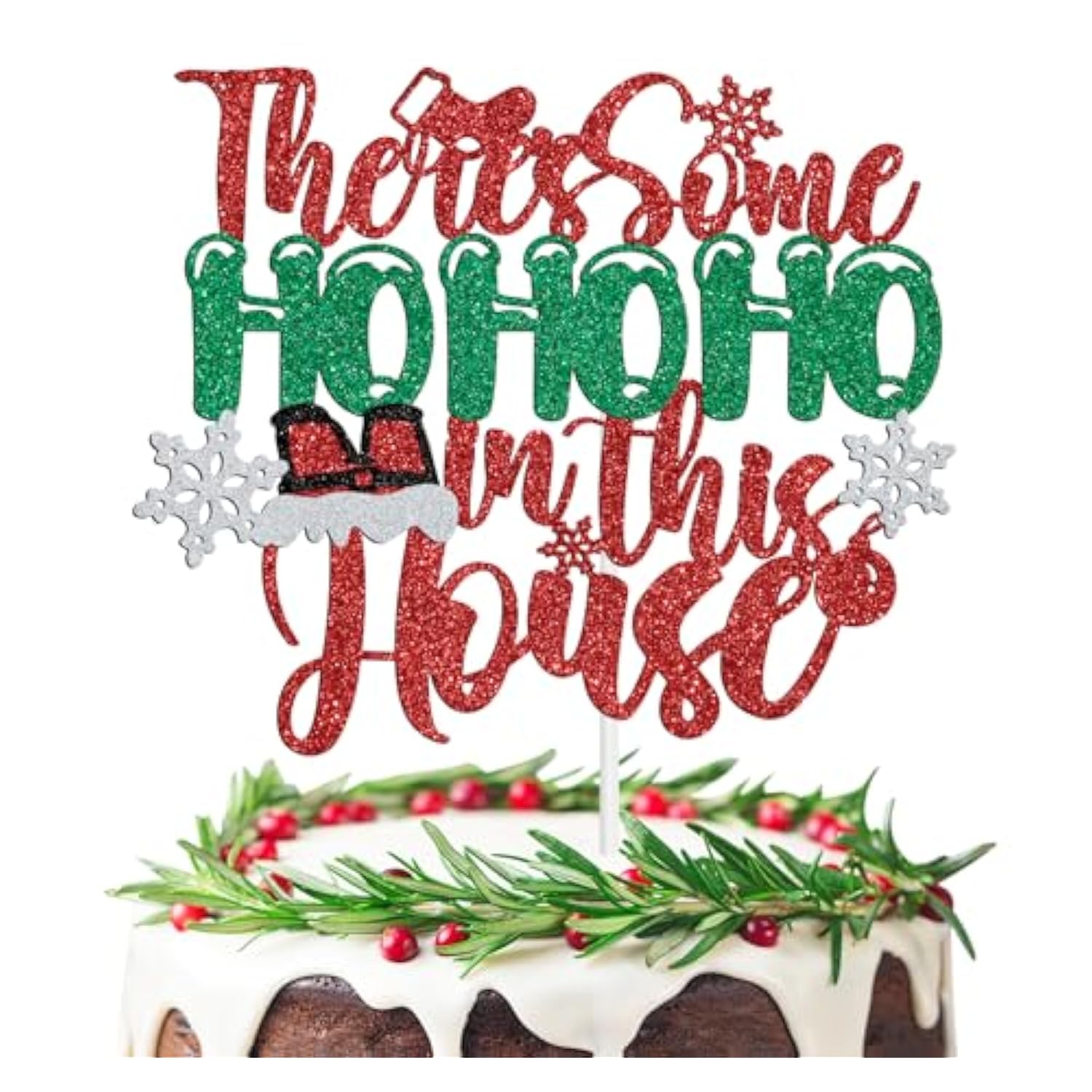 There'S Some Ho Ho Ho In This House Cake Topper, Funny Christmas Cake Decorations, Winter Holiday Festival Family Friends Housewarming Celebration Party Supplies, Red & Green Glitter