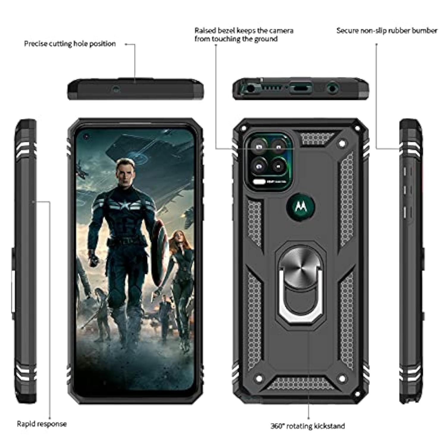 For Military-Grade Moto G Stylus 5G Phone Case 2021 With Magnetic Ring Kickstand & 2 Tempered Glass Screen Protectors - Black