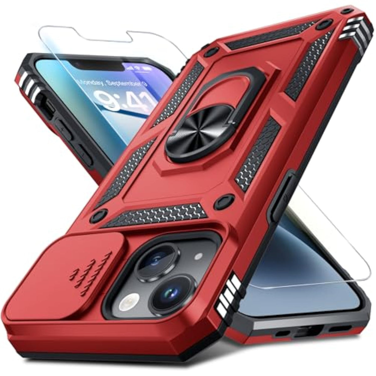 Case For Iphone 12 & 12 Pro Phone Cover Built In Slide Camera Lens Cover+Screen Protector,Heavy Duty Shockproof Full Body Phonecase With Finger Ring Holder Kickstand,Red