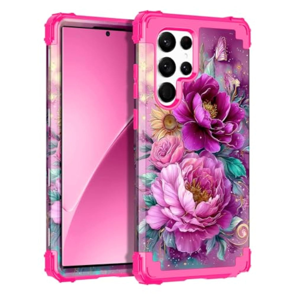 For Galaxy S22 Ultra Case,Three Layer Heavy Duty Shockproof Protection Hard Plastic Bumper +Soft Silicone Rubber Protective Case For Samsung Galaxy S22 Ultra 5G,Glow In The Dark-Hot Pink