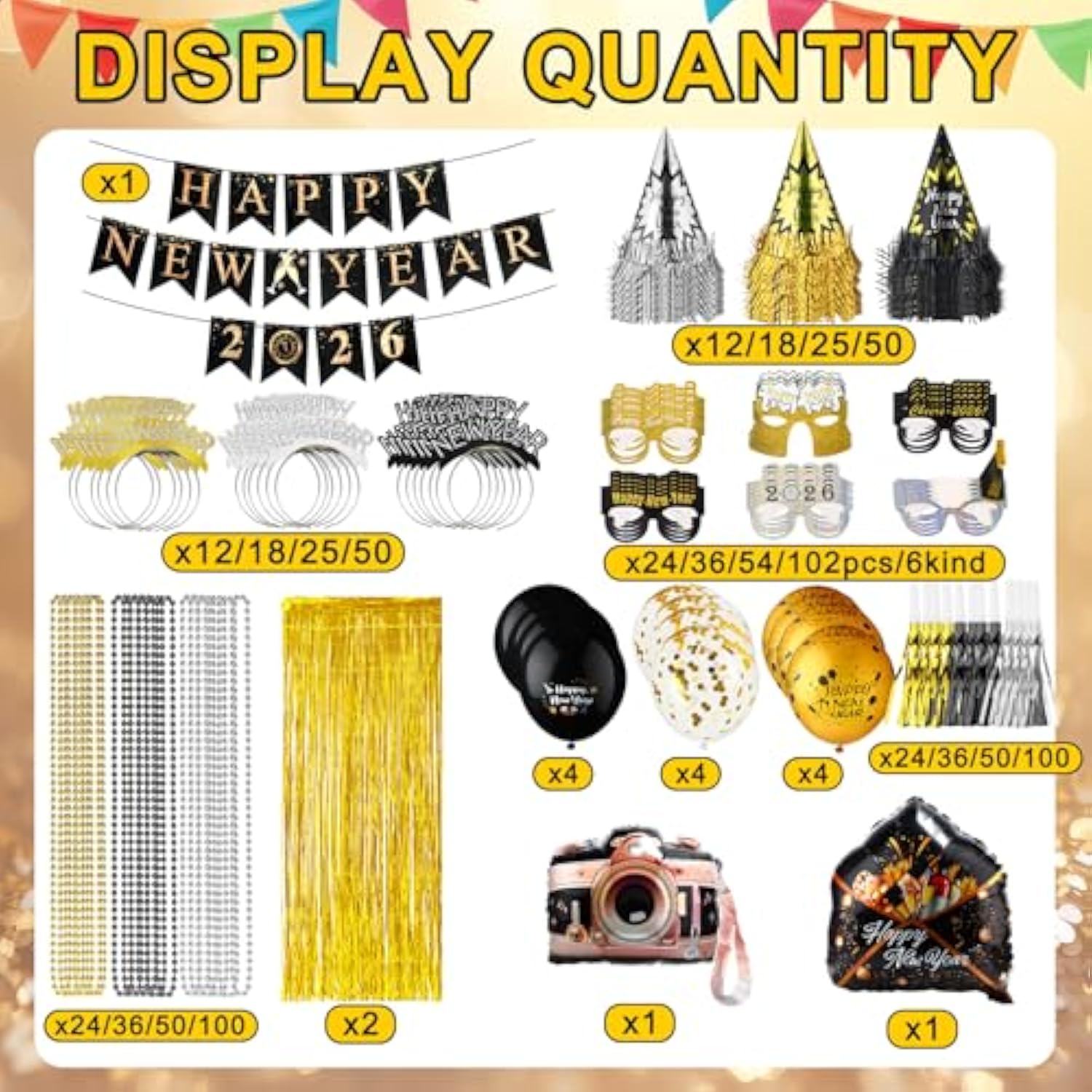 419pcs New Year 2026 Party Kit with Hats, Glasses, Balloons & Noise Makers